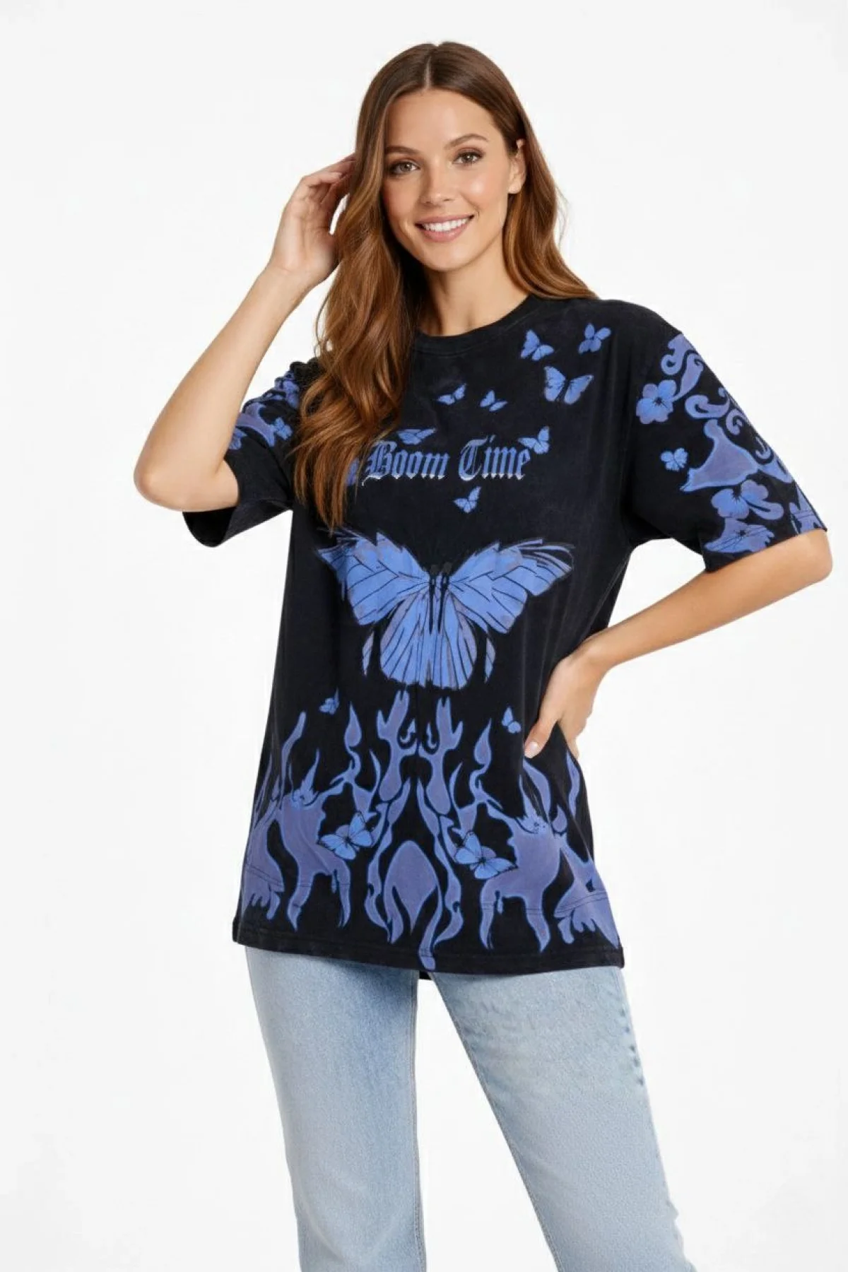 Kadın Asit Yıkamalı Oversize Tişört Mavi Kelebek Baskılı Dijital Print Bisiklet - Siyah