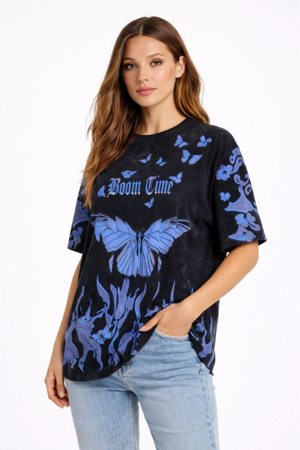 Kadın Asit Yıkamalı Oversize Tişört Mavi Kelebek Baskılı Dijital Print Bisiklet - Siyah