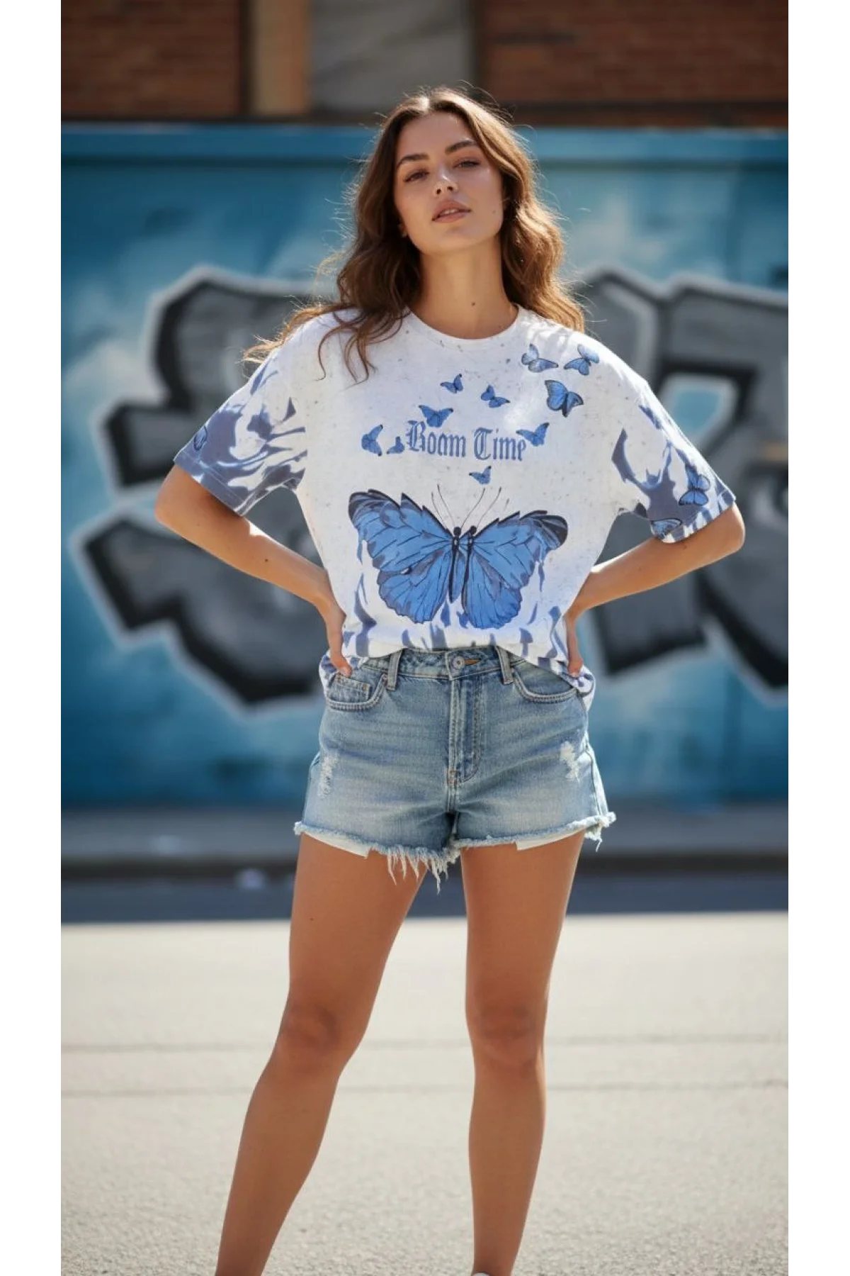 Kadın Asit Yıkamalı Oversize Tişört Mavi Kelebek Baskılı Dijital Print Bisiklet - Beyaz