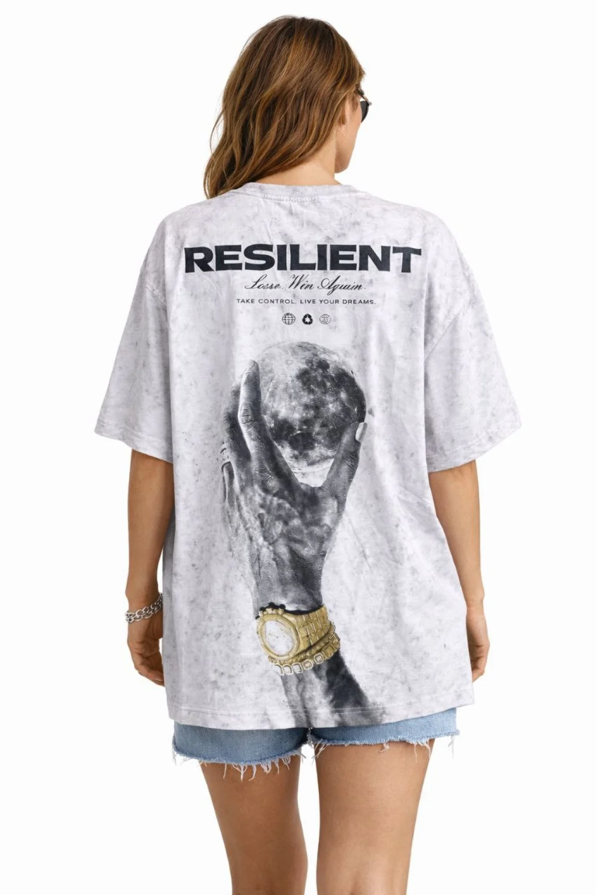 Kadın Asit Yıkamalı Oversize Tişört ön ve Arkası Baskılı %100 Pamuk Street Style T-Shirt - Beyaz