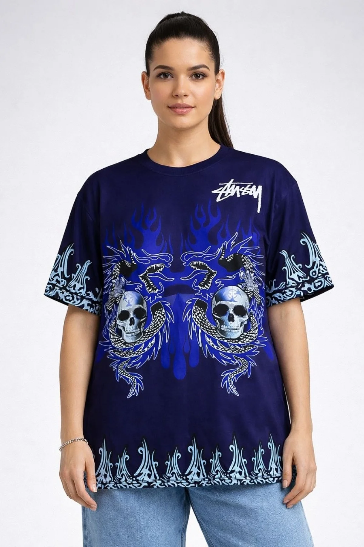 Kadın Lacivert Oversize Tişört Dragon & Kuru Kafa Baskılı Bisiklet Yaka T-Shirt - Lacivert