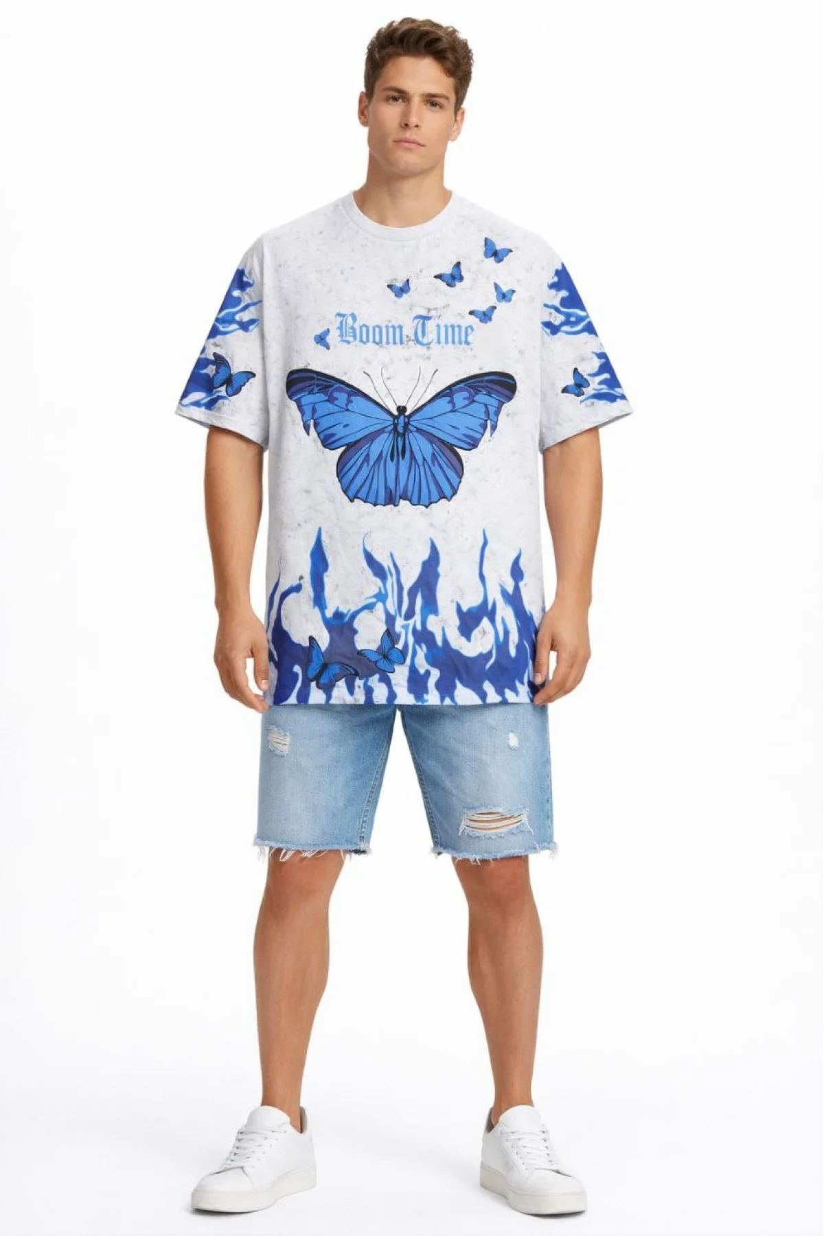 Erkek Asit Yıkamalı Oversize Tişört Mavi Kelebek Baskılı Dijital Print Bisiklet - Beyaz