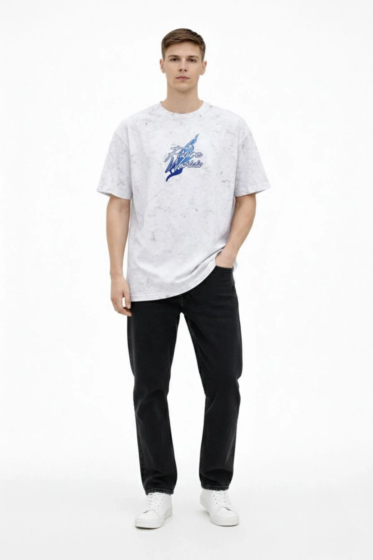 Erkek Asit Yıkamalı Oversize Tişört Future Worlds Baskılı Bisiklet Yaka Kısa Kollu - Beyaz