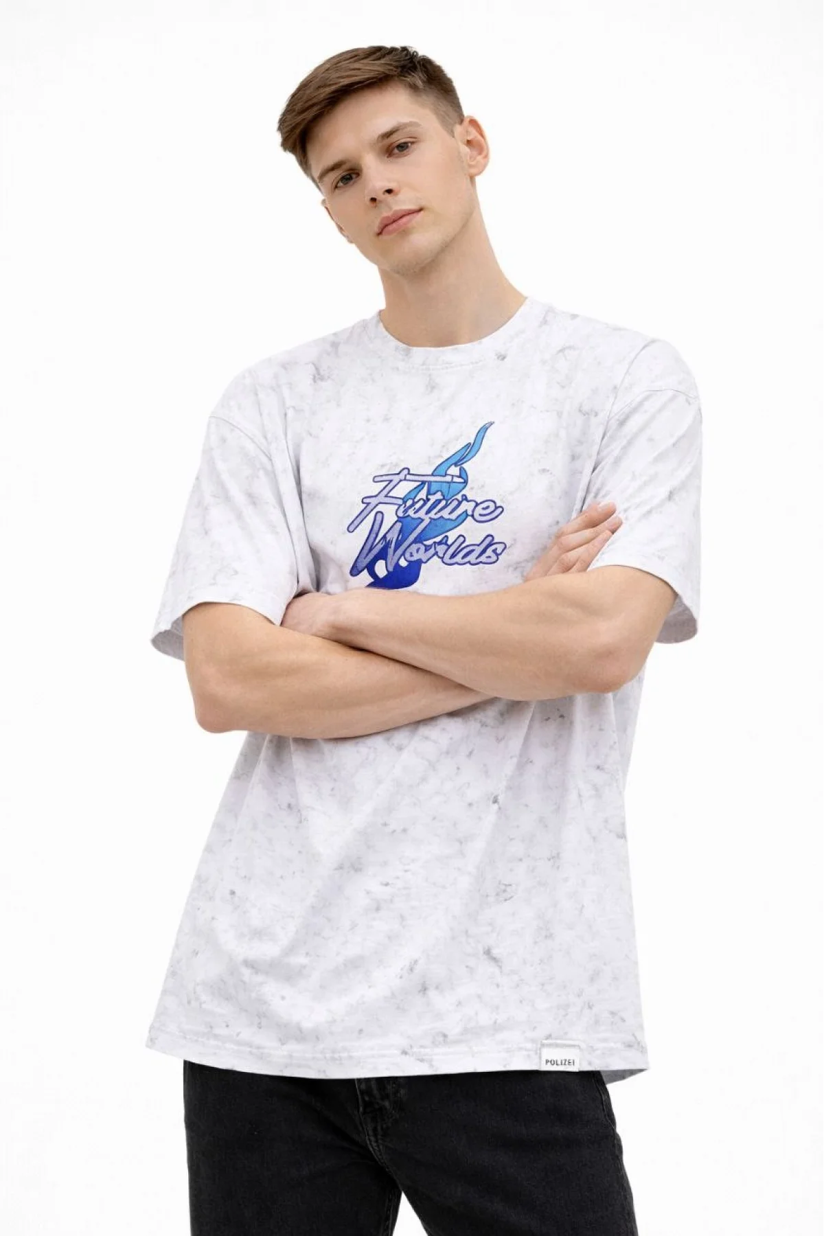 Erkek Asit Yıkamalı Oversize Tişört Future Worlds Baskılı Bisiklet Yaka Kısa Kollu - Beyaz