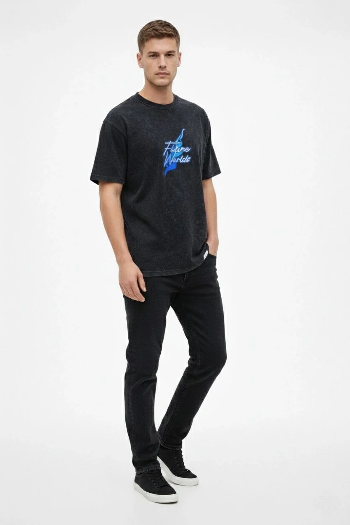 Erkek Asit Yıkamalı Oversize Tişört Future Worlds Baskılı Bisiklet Yaka Kısa Kollu - Siyah