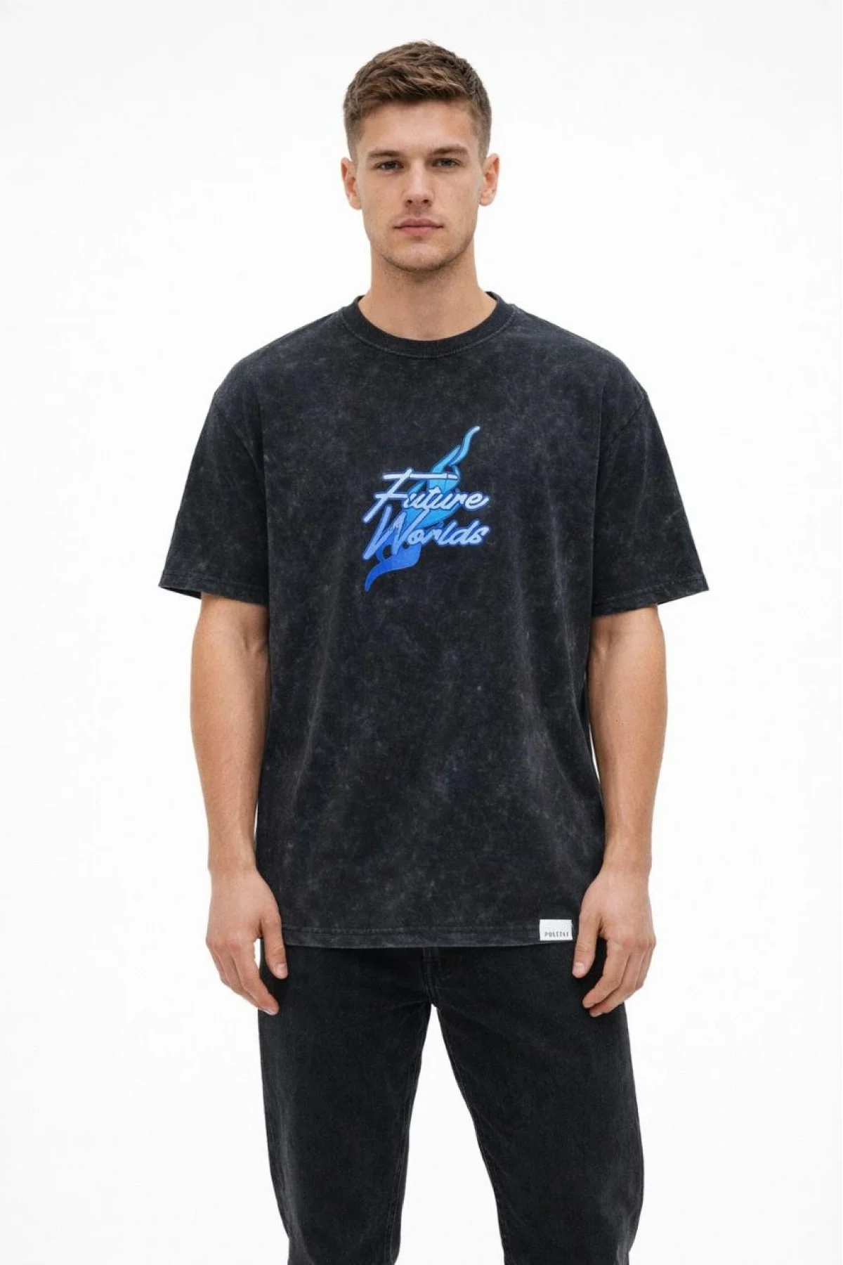 Erkek Asit Yıkamalı Oversize Tişört Future Worlds Baskılı Bisiklet Yaka Kısa Kollu - Siyah