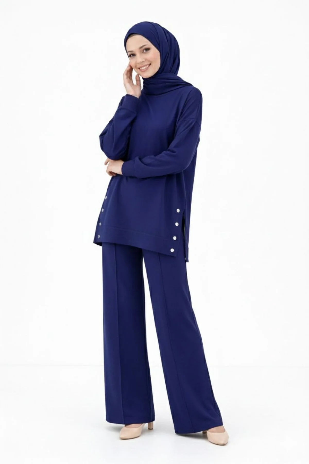 Osy Modal yumuşak dokulu Modern Tesettür Takım Yandan Metal Çıtçıtlı Uzun Tunik - Lacivert