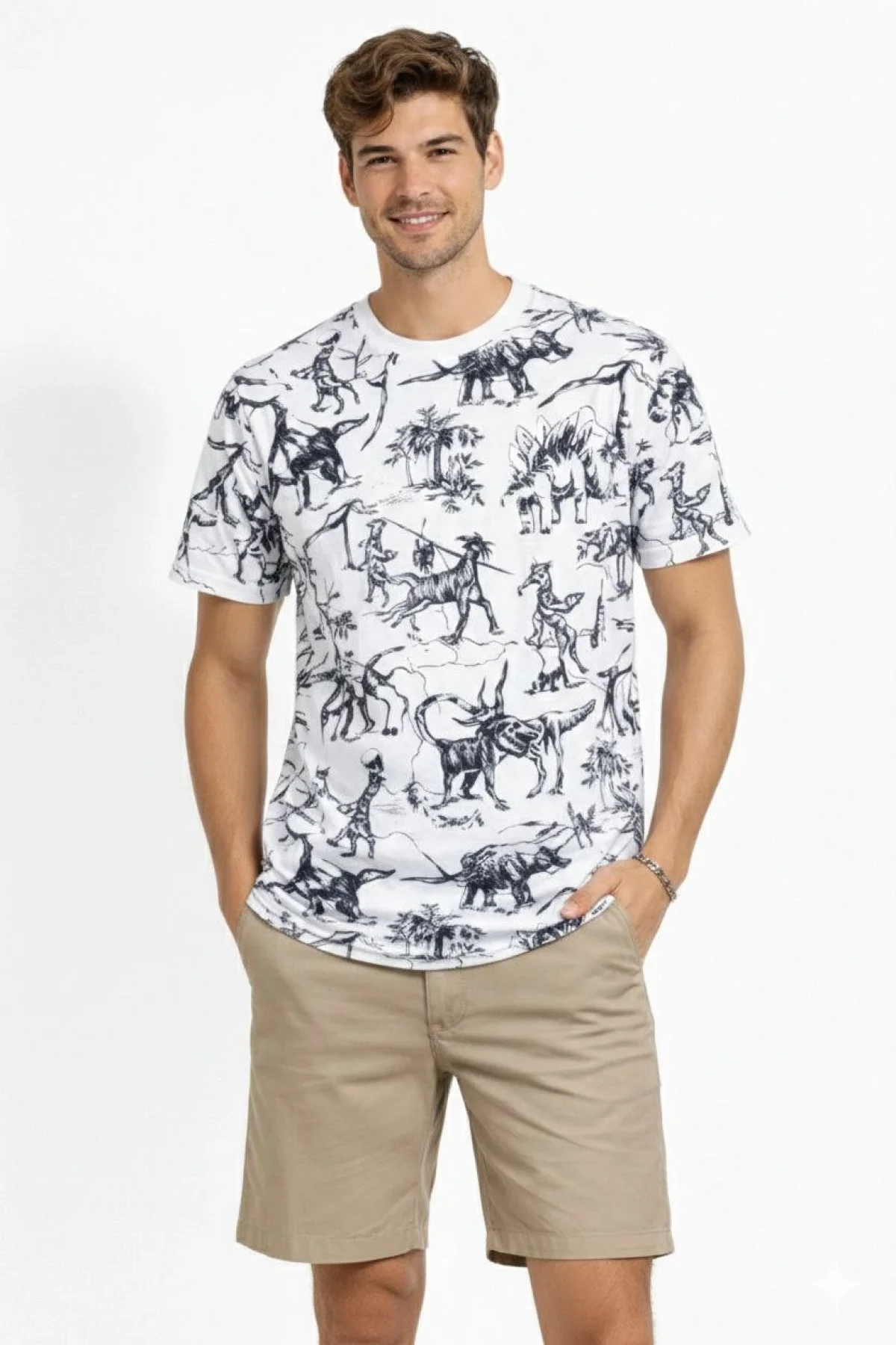 Erkek Beyaz Dinozor Desenli Tişört Regular Fit Bisiklet Yaka Dijital Baskılı - Beyaz