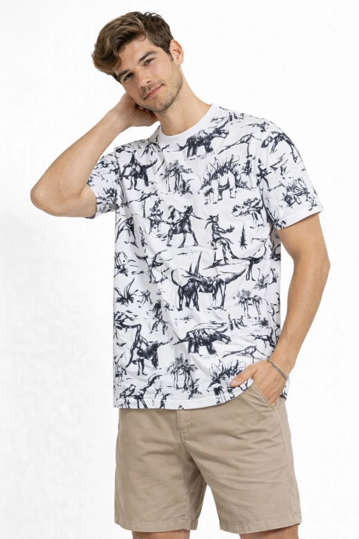 Erkek Beyaz Dinozor Desenli Tişört Regular Fit Bisiklet Yaka Dijital Baskılı - Beyaz