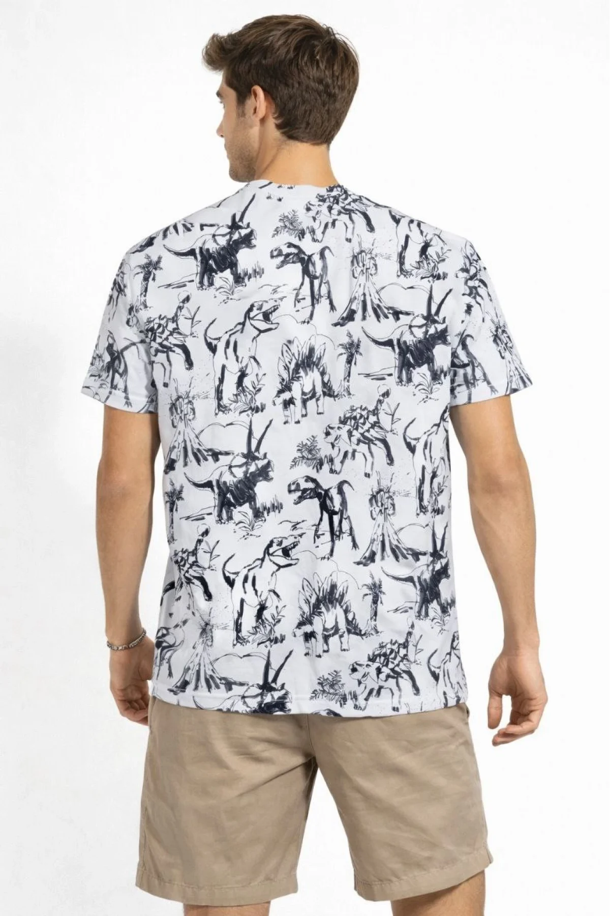 Erkek Beyaz Dinozor Desenli Tişört Regular Fit Bisiklet Yaka Dijital Baskılı - Beyaz
