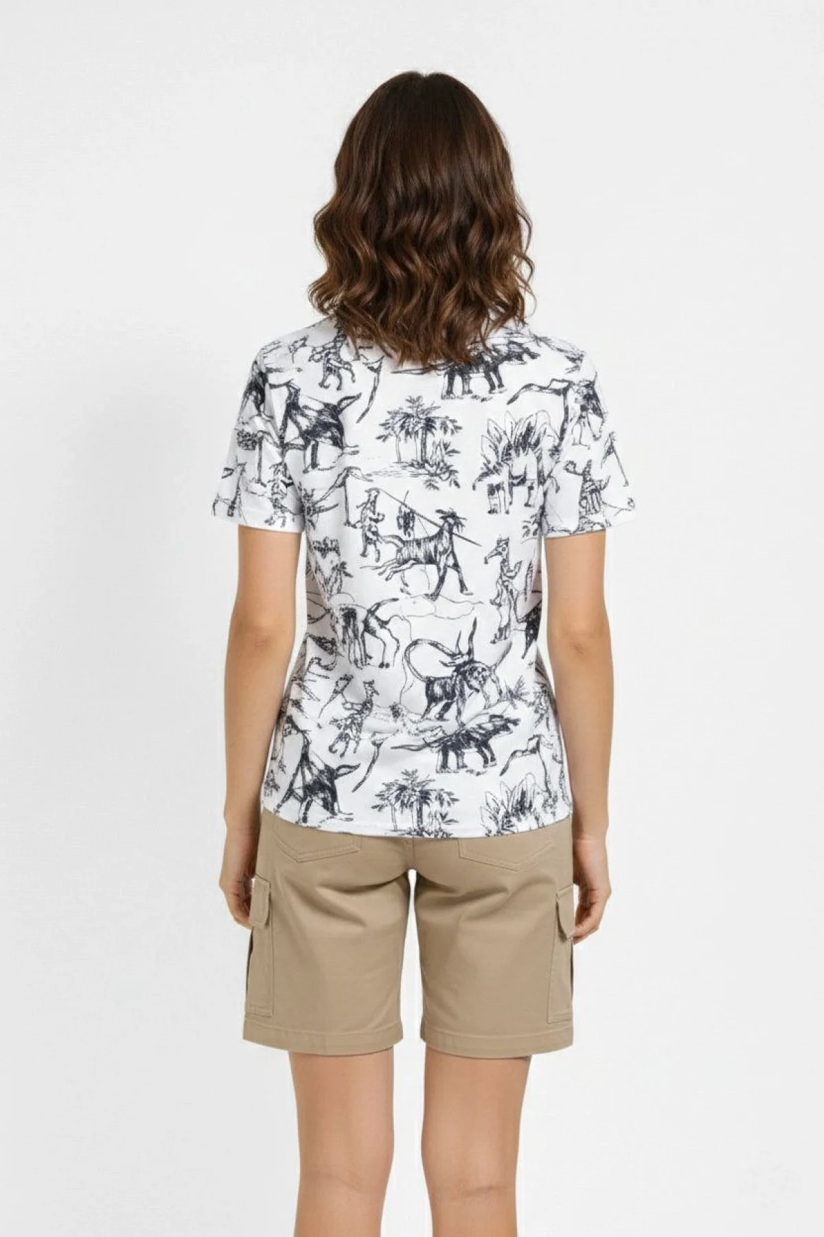 Kadın Beyaz Dinozor Desenli Tişört Regular Kalıp Bisiklet Yaka Dijital Baskılı - Beyaz