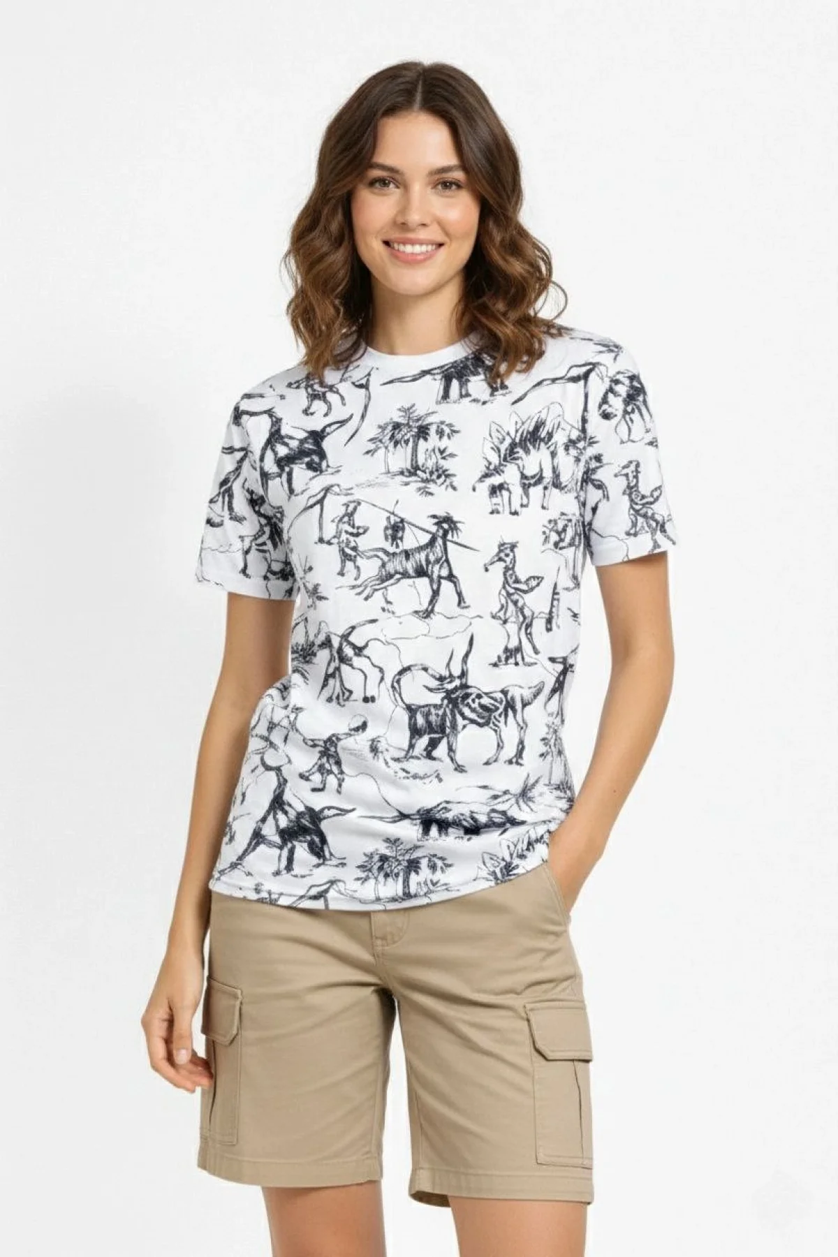 Kadın Beyaz Dinozor Desenli Tişört Regular Kalıp Bisiklet Yaka Dijital Baskılı - Beyaz