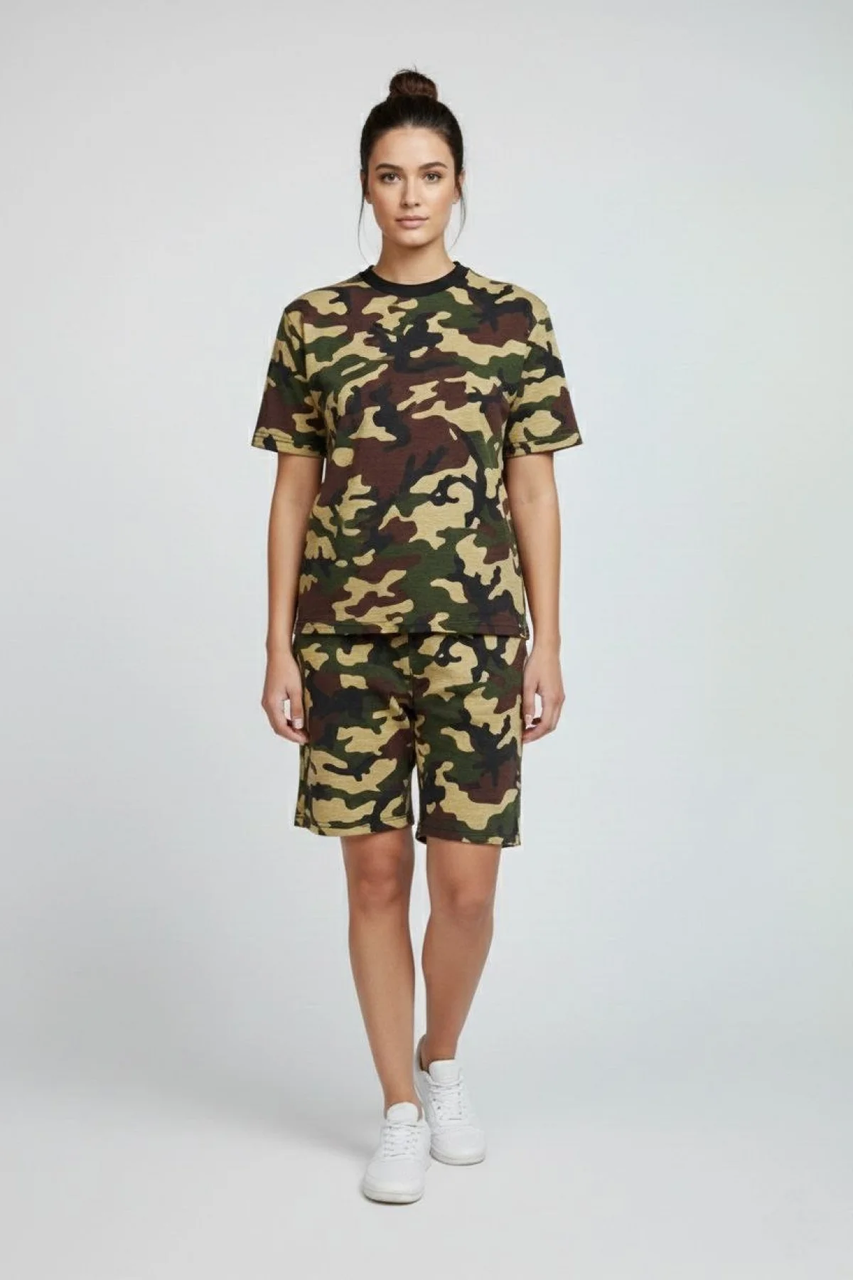 Kadın Kamuflaj Desenli Tişört Şort Takım Kesim 2’li - Kamuflaj