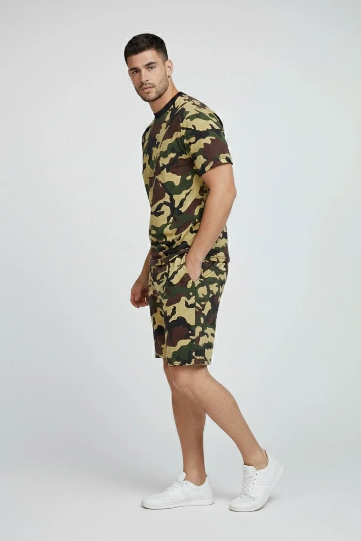 Erkek Kamuflaj Desenli Tişört Şort Takım Regular Fit Spor 2’li - Kamuflaj