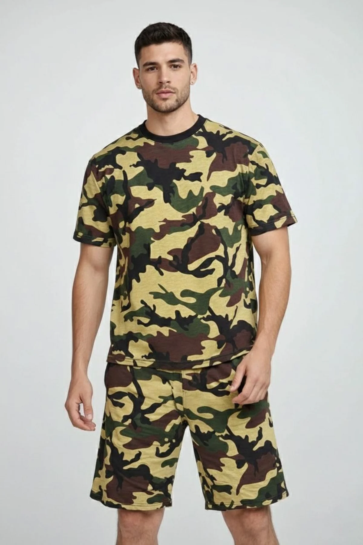 Erkek Kamuflaj Desenli Tişört Şort Takım Regular Fit Spor 2’li - Kamuflaj