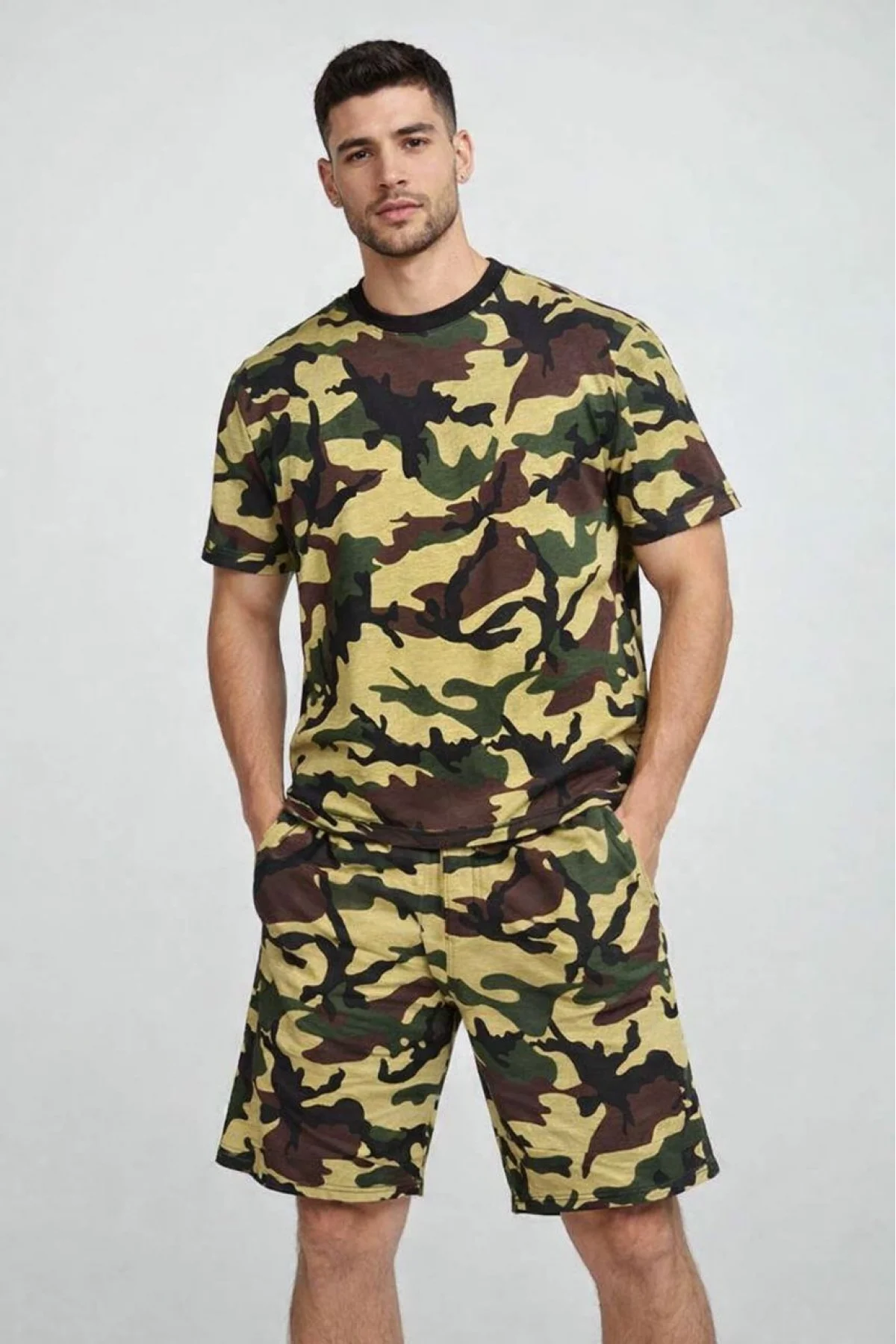 Erkek Kamuflaj Desenli Tişört Şort Takım Regular Fit Spor 2’li - Kamuflaj