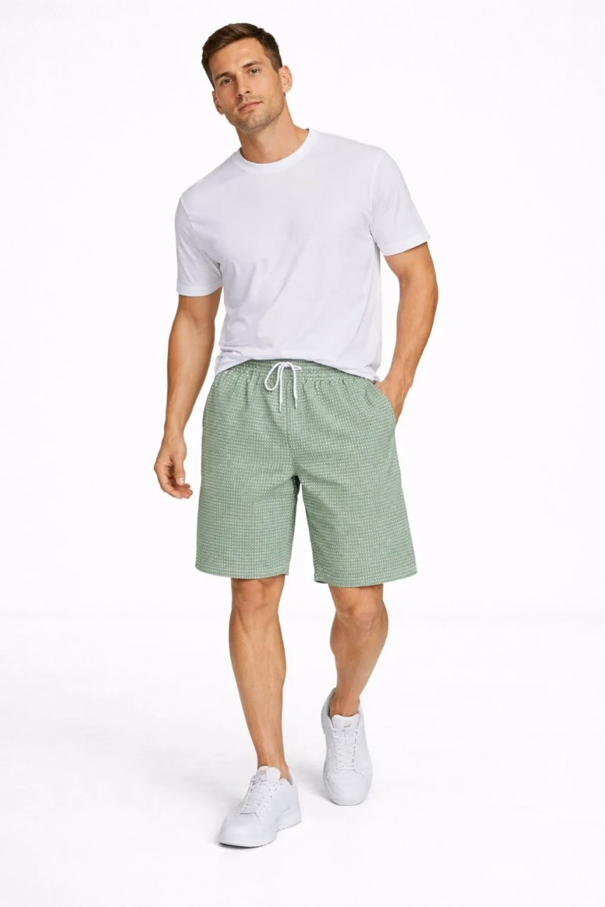 Erkek Pötikareli Şort – Beli Lastikli Bağcıklı, Cepli, Rahat Kesim Günlük Yazlık Şort - Mint Yeşili