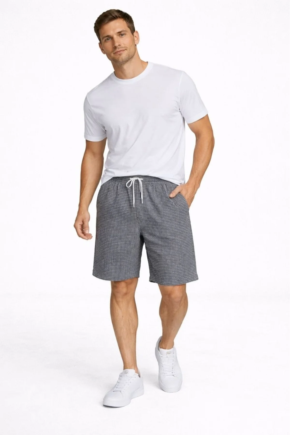 Erkek Pötikareli Şort – Beli Lastikli Bağcıklı, Cepli, Rahat Kesim Günlük Yazlık Şort - Füme