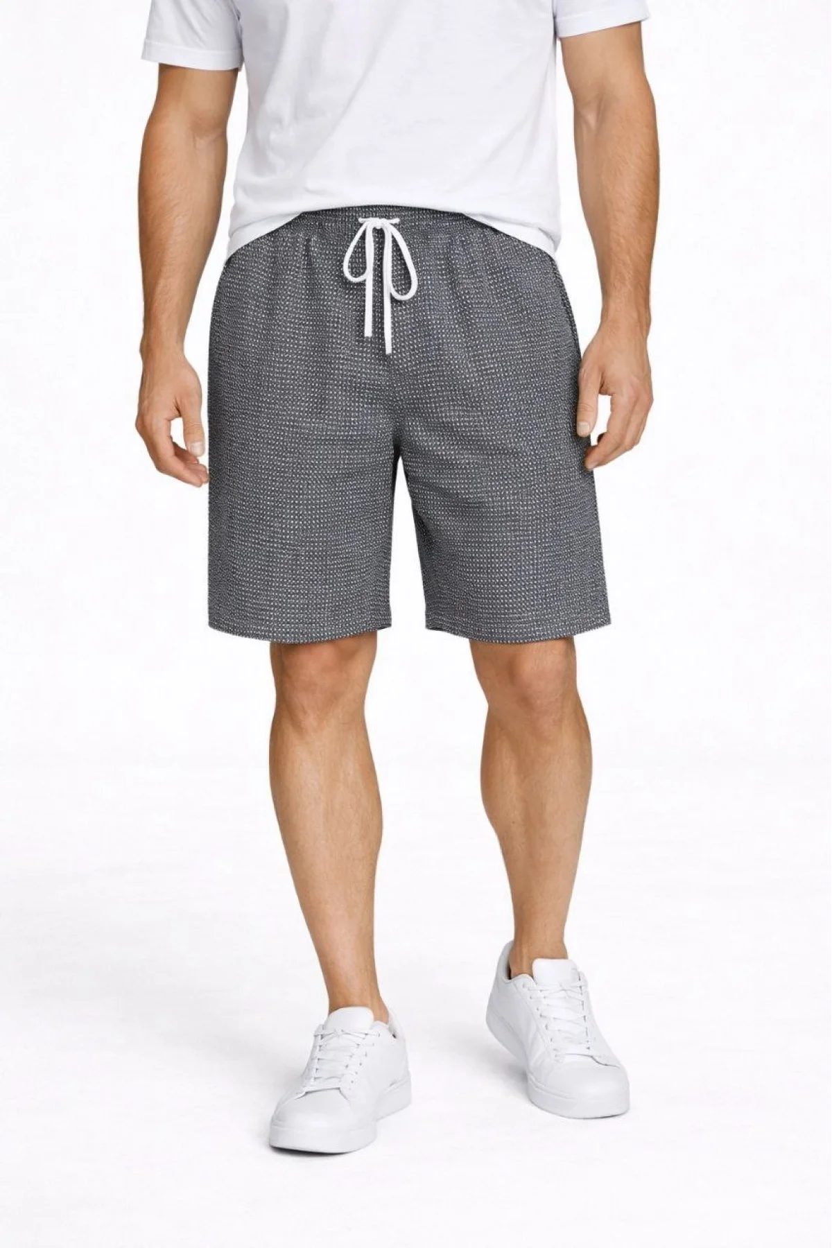 Erkek Pötikareli Şort – Beli Lastikli Bağcıklı, Cepli, Rahat Kesim Günlük Yazlık Şort - Füme