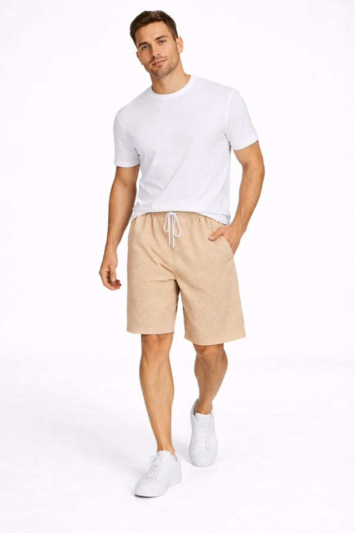 Erkek Pötikareli Şort – Beli Lastikli Bağcıklı, Cepli, Rahat Kesim Günlük Yazlık Şort - Bej