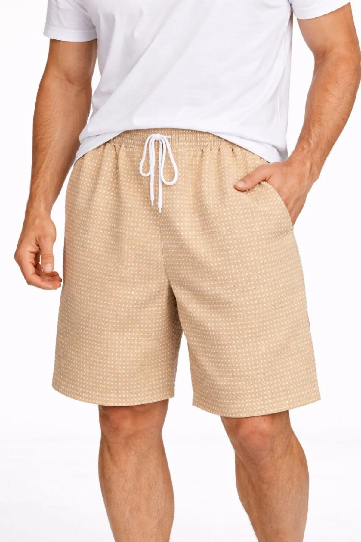 Erkek Pötikareli Şort – Beli Lastikli Bağcıklı, Cepli, Rahat Kesim Günlük Yazlık Şort - Bej