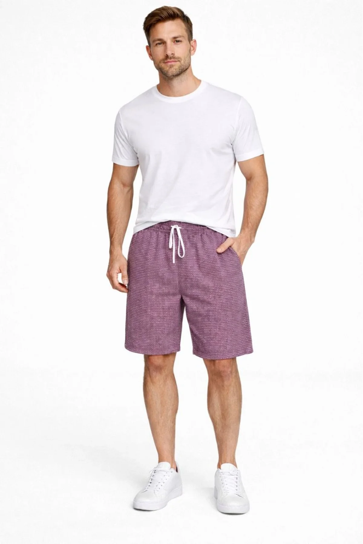 Erkek Pötikareli Şort – Beli Lastikli Bağcıklı, Cepli, Rahat Kesim Günlük Yazlık Şort - Gül Kurusu