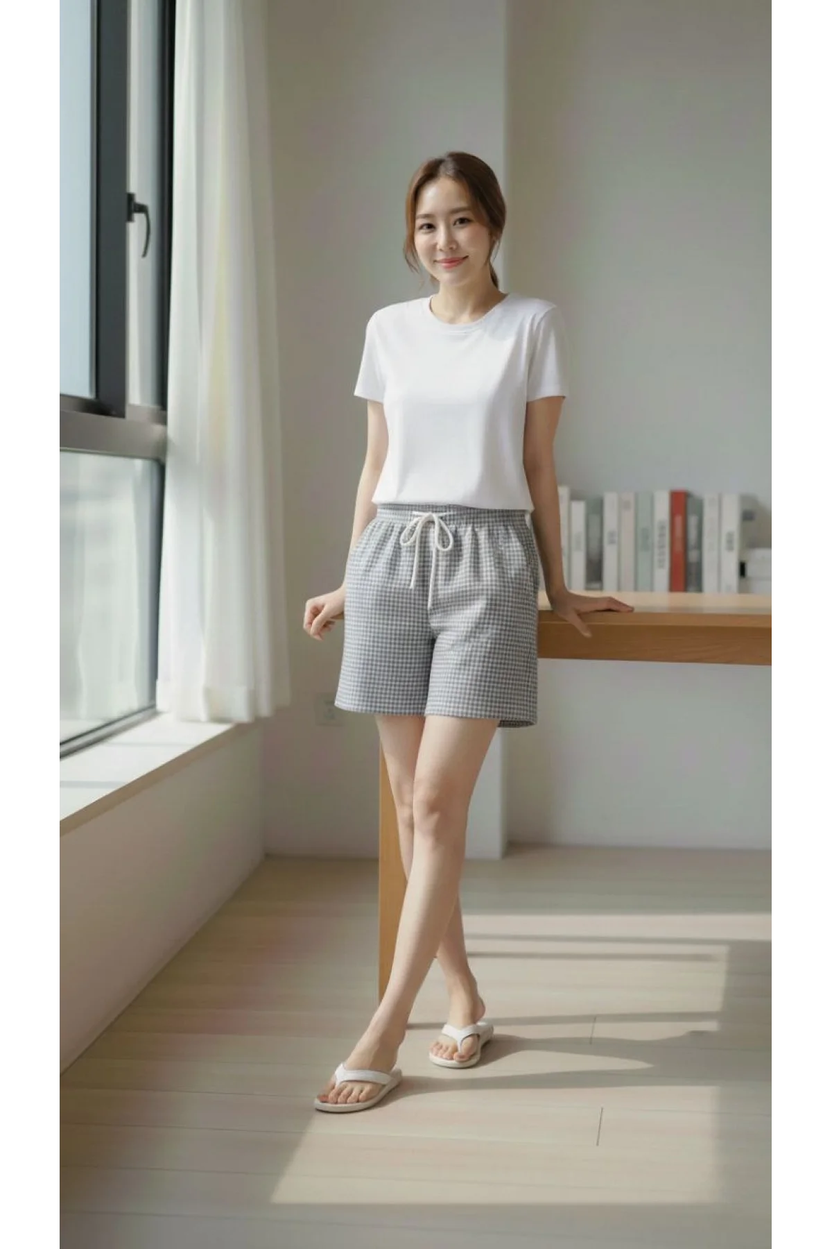 Kadın Pötikareli Şort Beli Lastikli Bağcıklı Cepli Kesim Şort - Füme