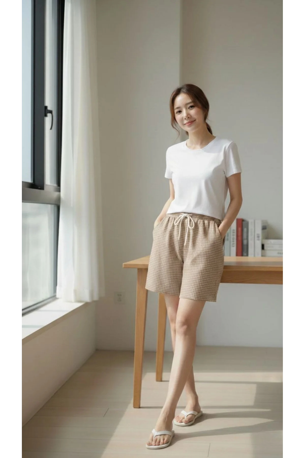 Kadın Pötikareli Şort Beli Lastikli Bağcıklı Cepli Kesim Şort - Bej