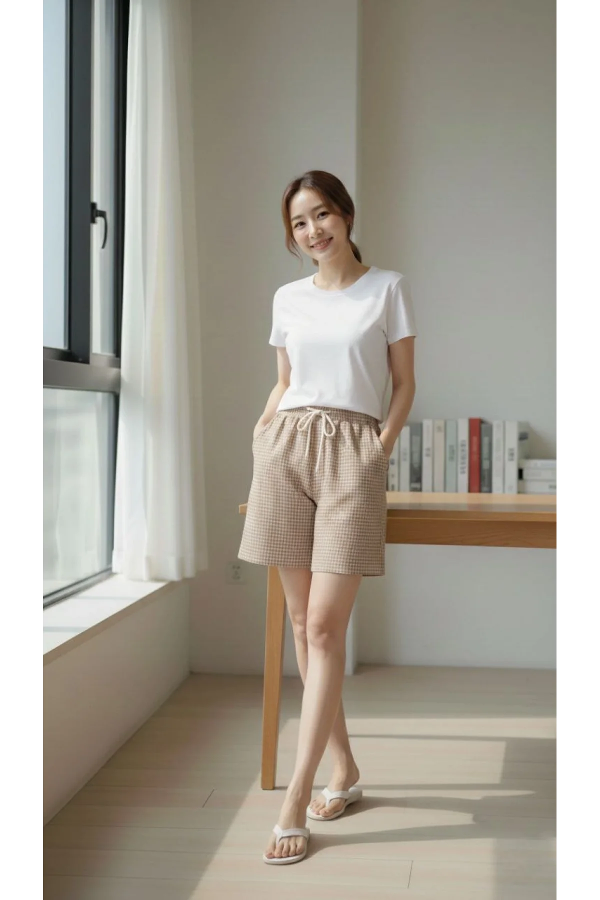 Kadın Pötikareli Şort Beli Lastikli Bağcıklı Cepli Kesim Şort - Bej