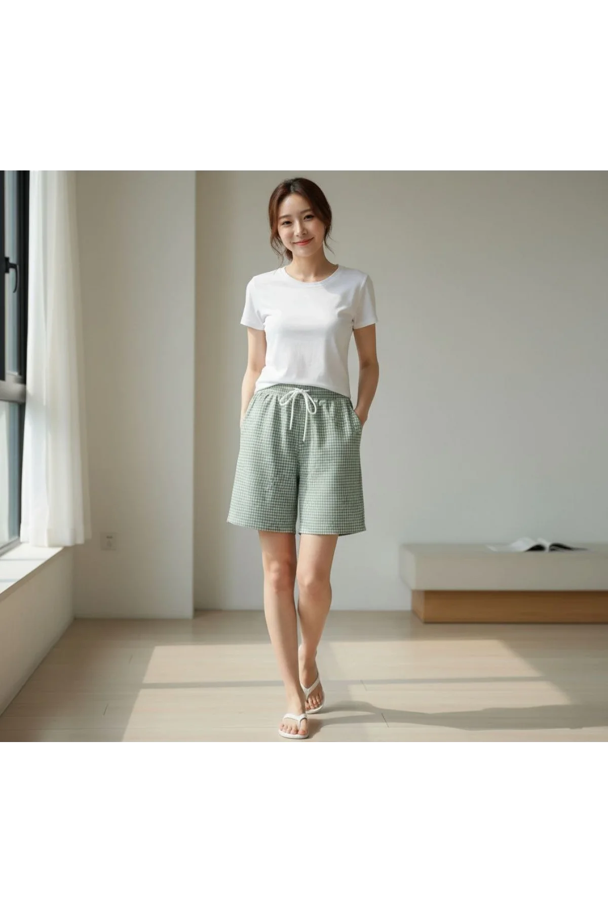 Kadın Pötikareli Şort Beli Lastikli Bağcıklı Cepli Kesim Şort - Mint Yeşili