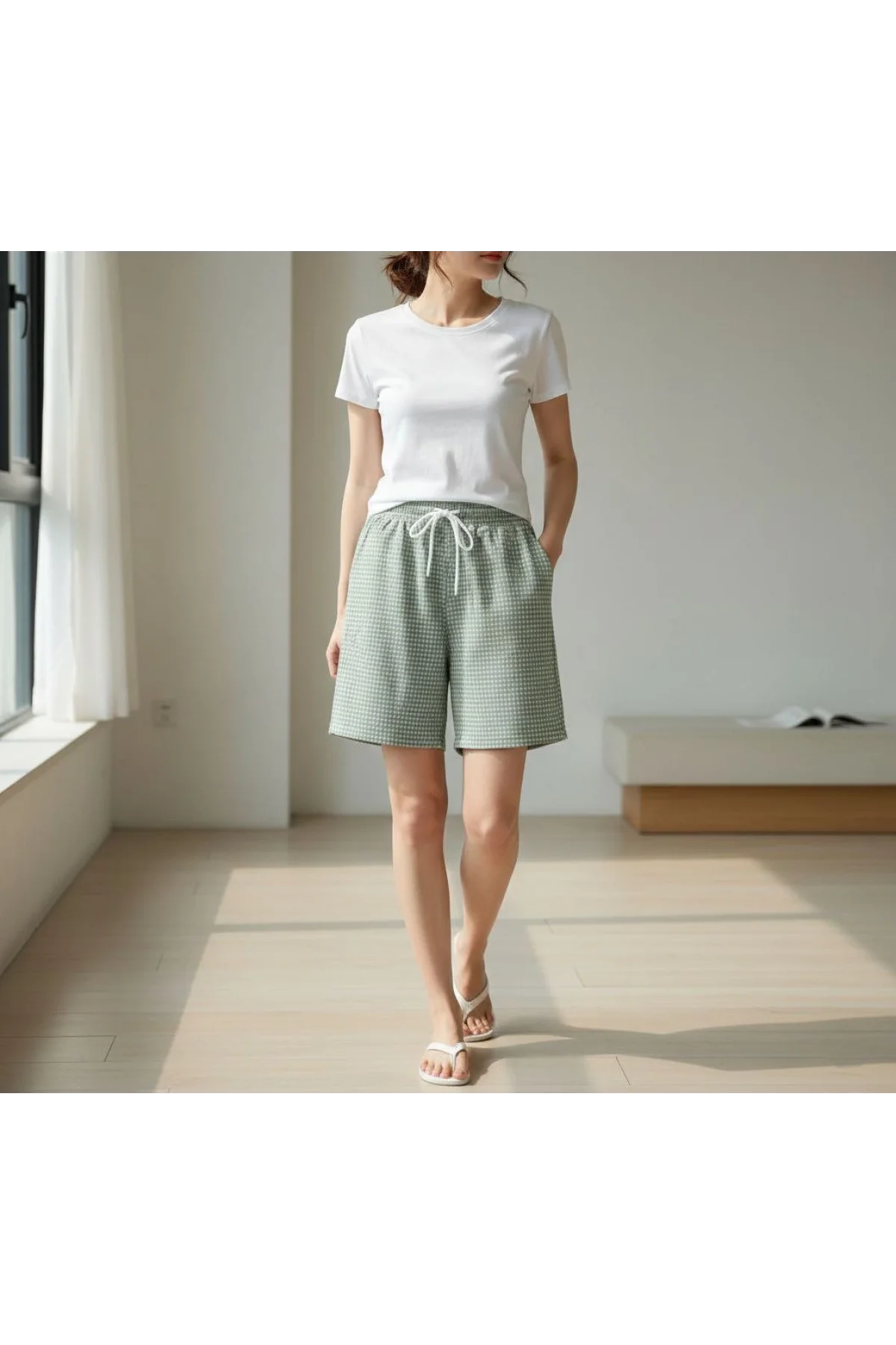Kadın Pötikareli Şort Beli Lastikli Bağcıklı Cepli Kesim Şort - Mint Yeşili