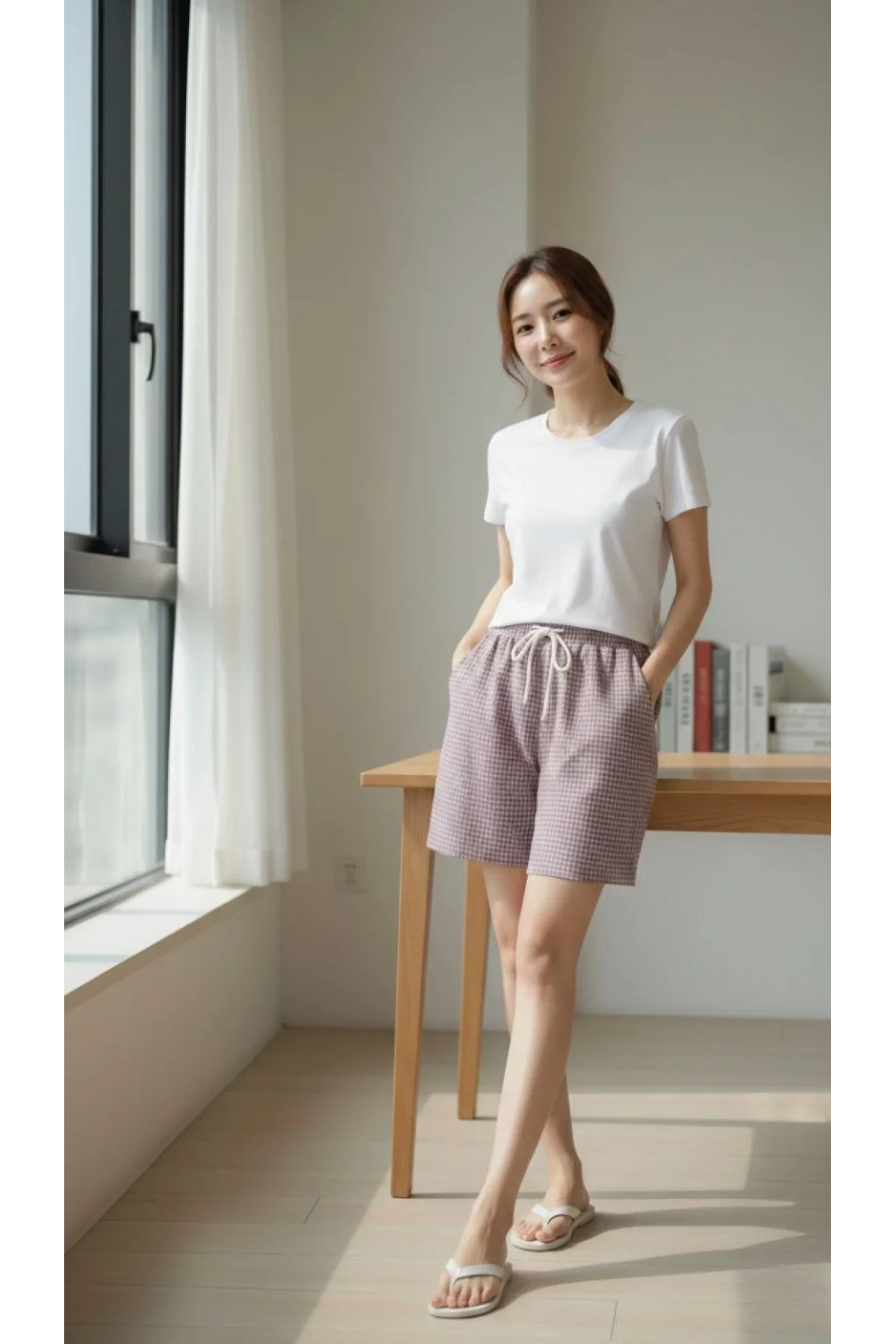 Kadın Pötikareli Şort Beli Lastikli Bağcıklı Cepli Kesim Şort - Gül Kurusu