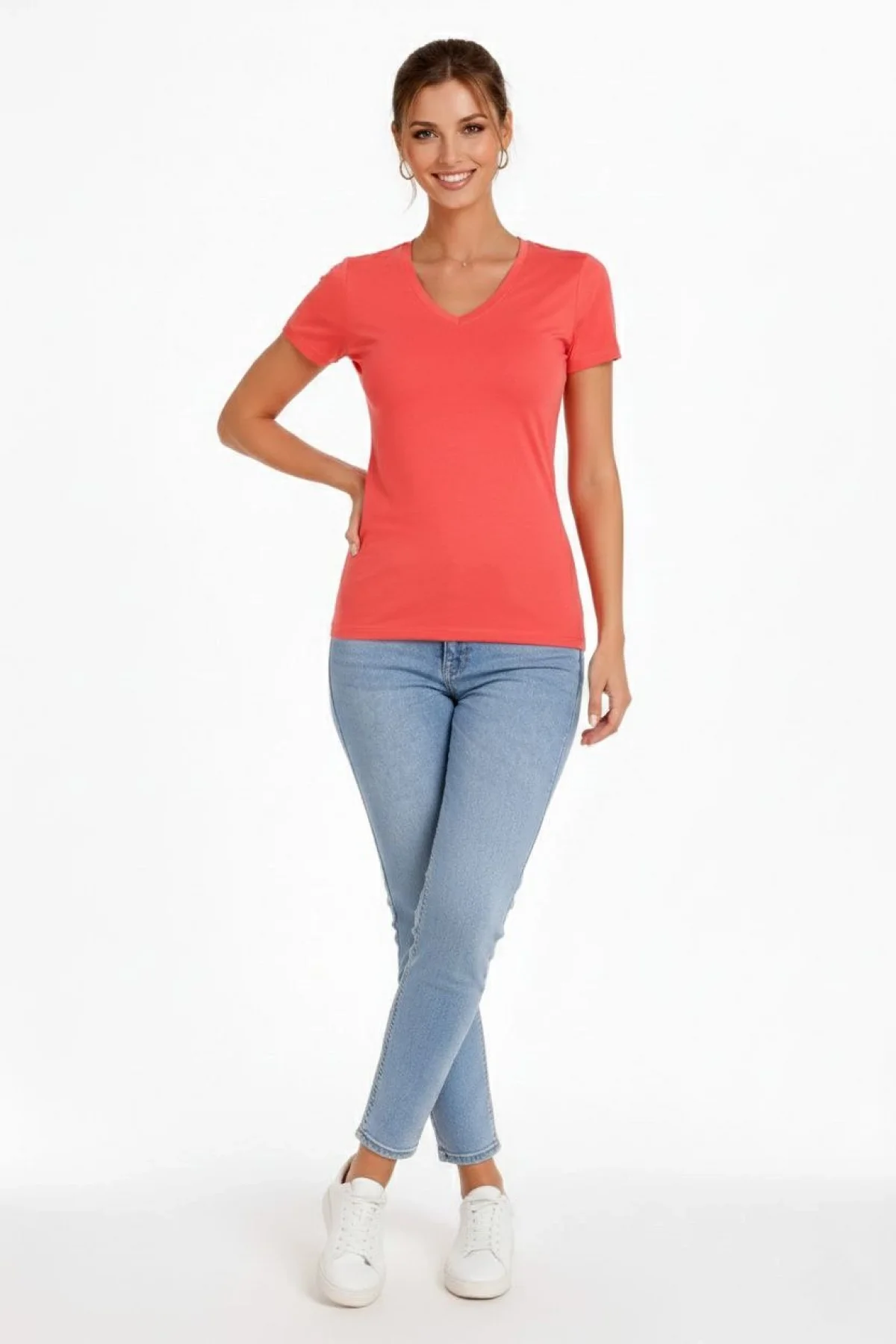 Kadın V Yaka Slim Fit Likralı Tişört - Nar Çiçeği