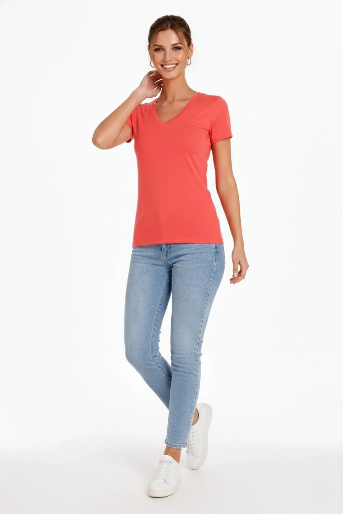 Kadın V Yaka Slim Fit Likralı Tişört - Nar Çiçeği