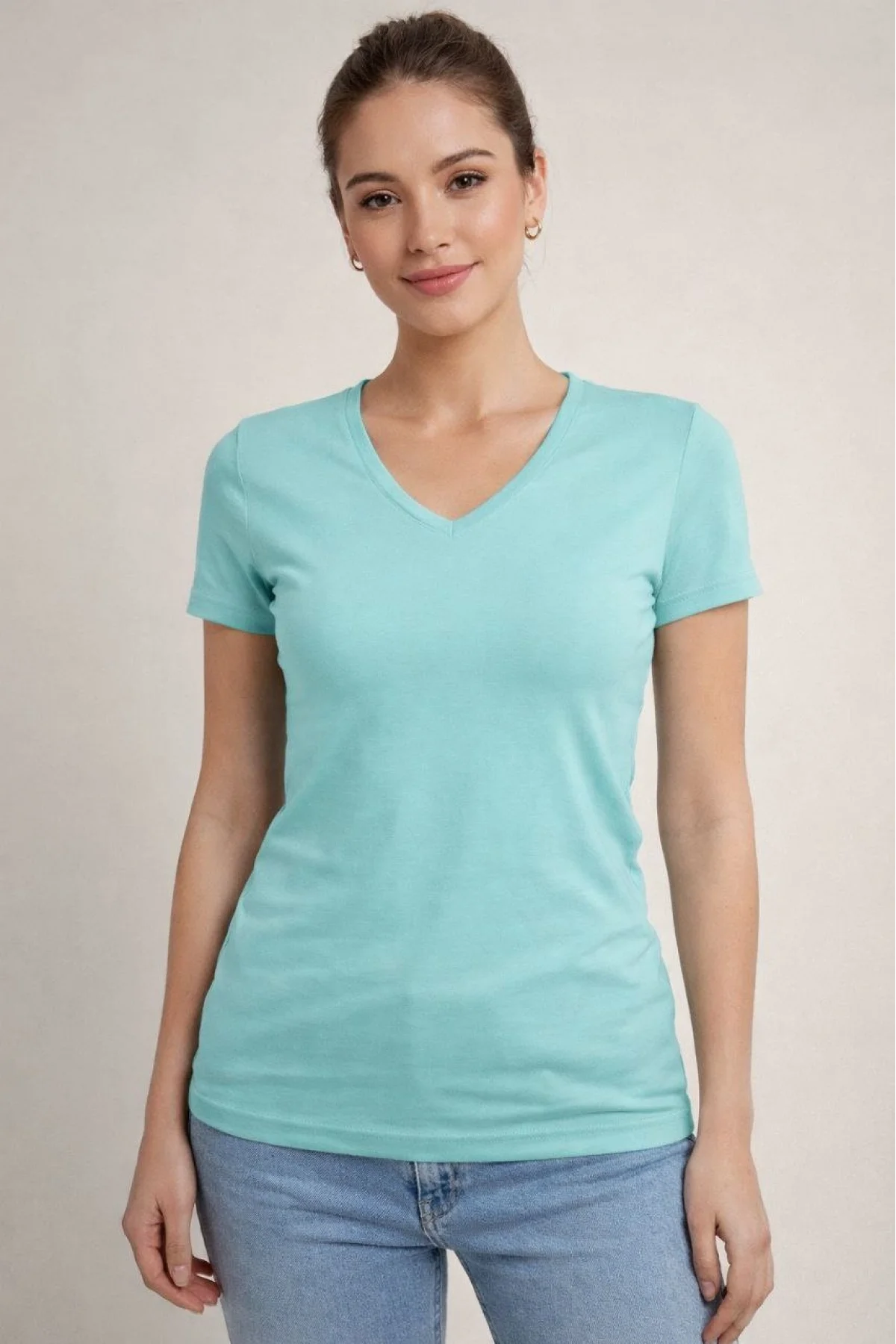 Kadın V Yaka Slim Fit Likralı Tişört - Turkuvaz