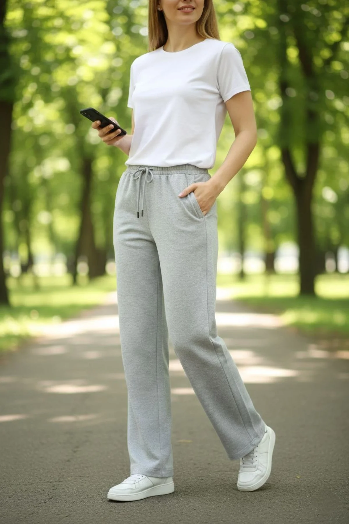 Kadın Düz Paça Beli Lastikli İpli Günlük Spor Eşofman Altı Rahat Fit - Gri