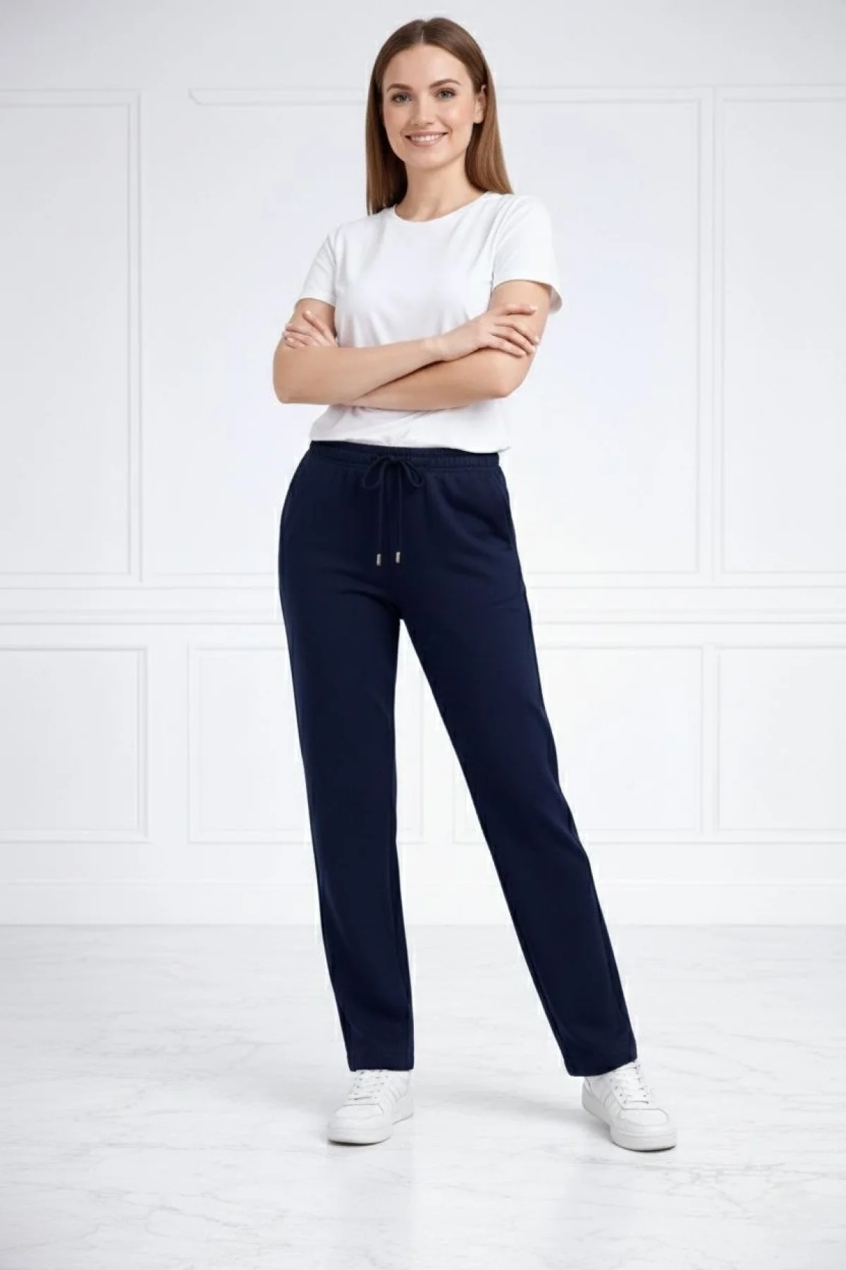 Kadın Düz Paça Beli Lastikli İpli Spor Eşofman Altı Fit - Lacivert