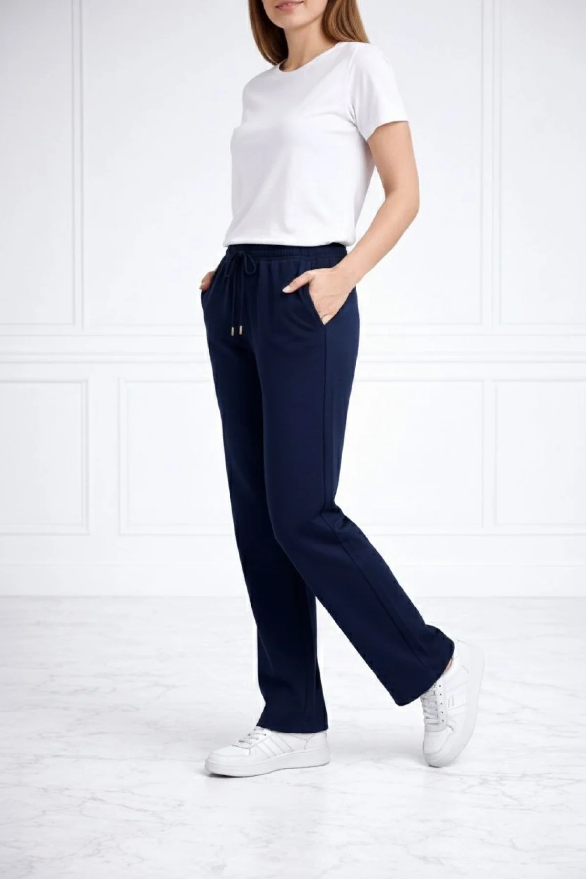 Kadın Düz Paça Beli Lastikli İpli Spor Eşofman Altı Fit - Lacivert