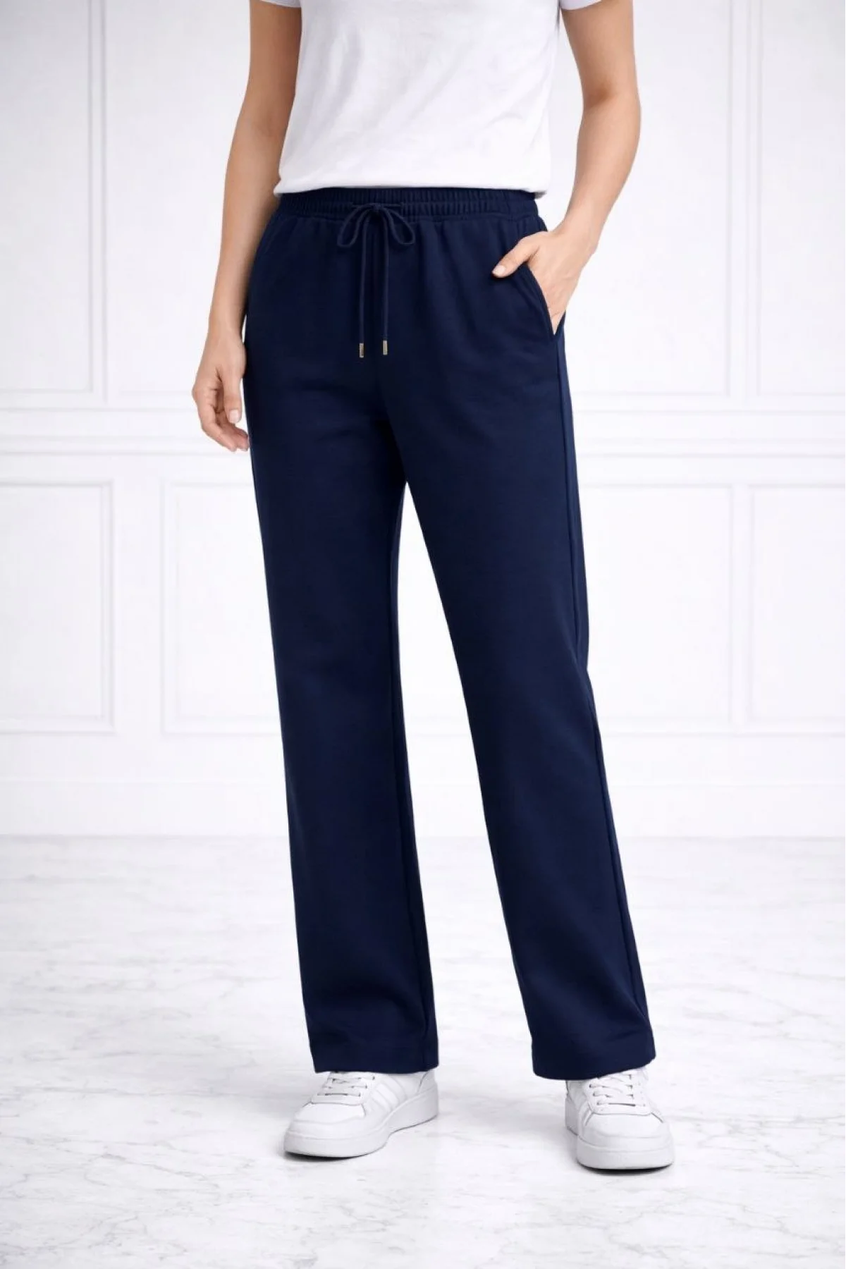 Kadın Düz Paça Beli Lastikli İpli Spor Eşofman Altı Fit - Lacivert