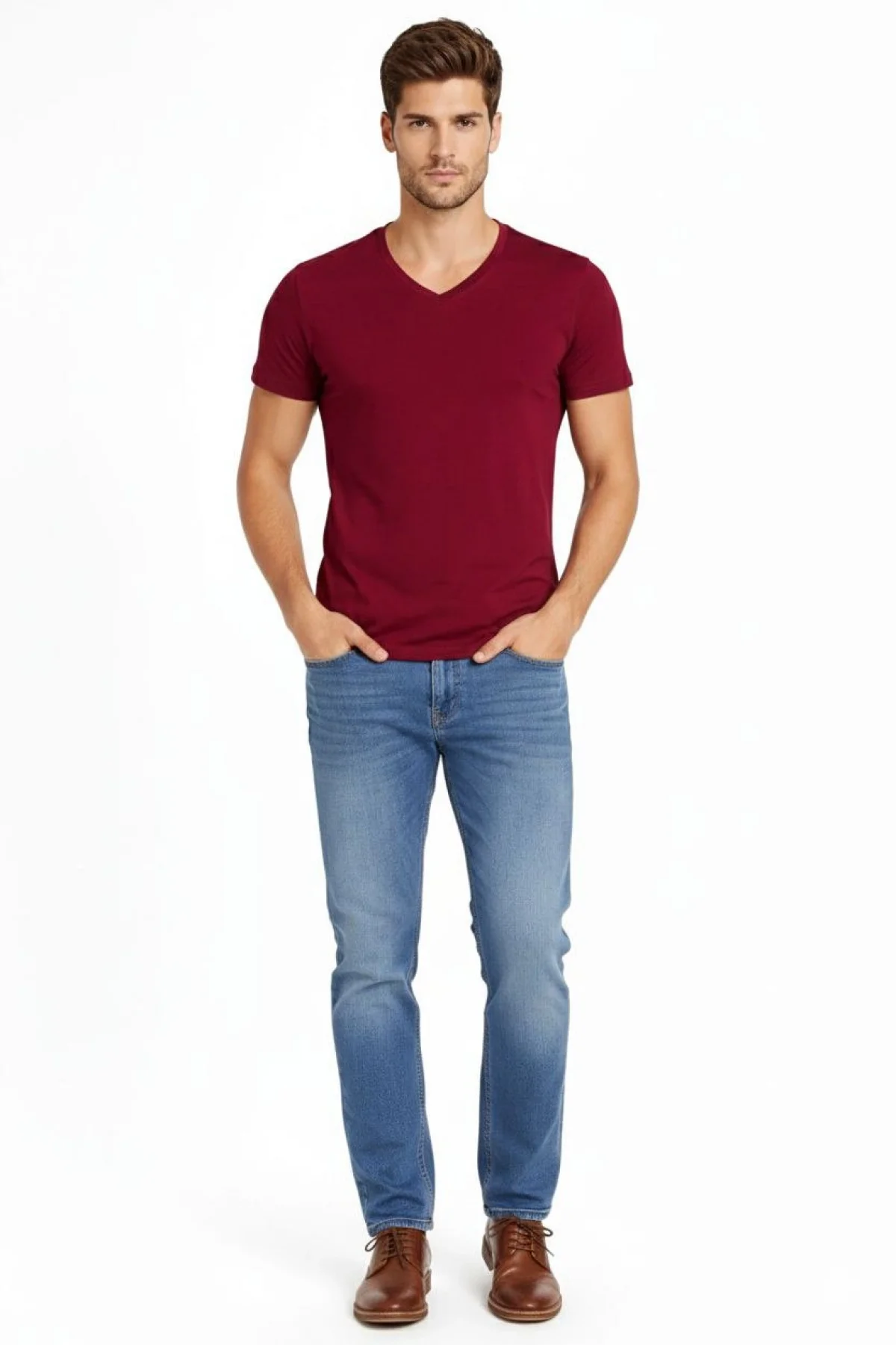 Erkek V Yaka Slim Fit dar kesim Likralı Tişört - Bordo
