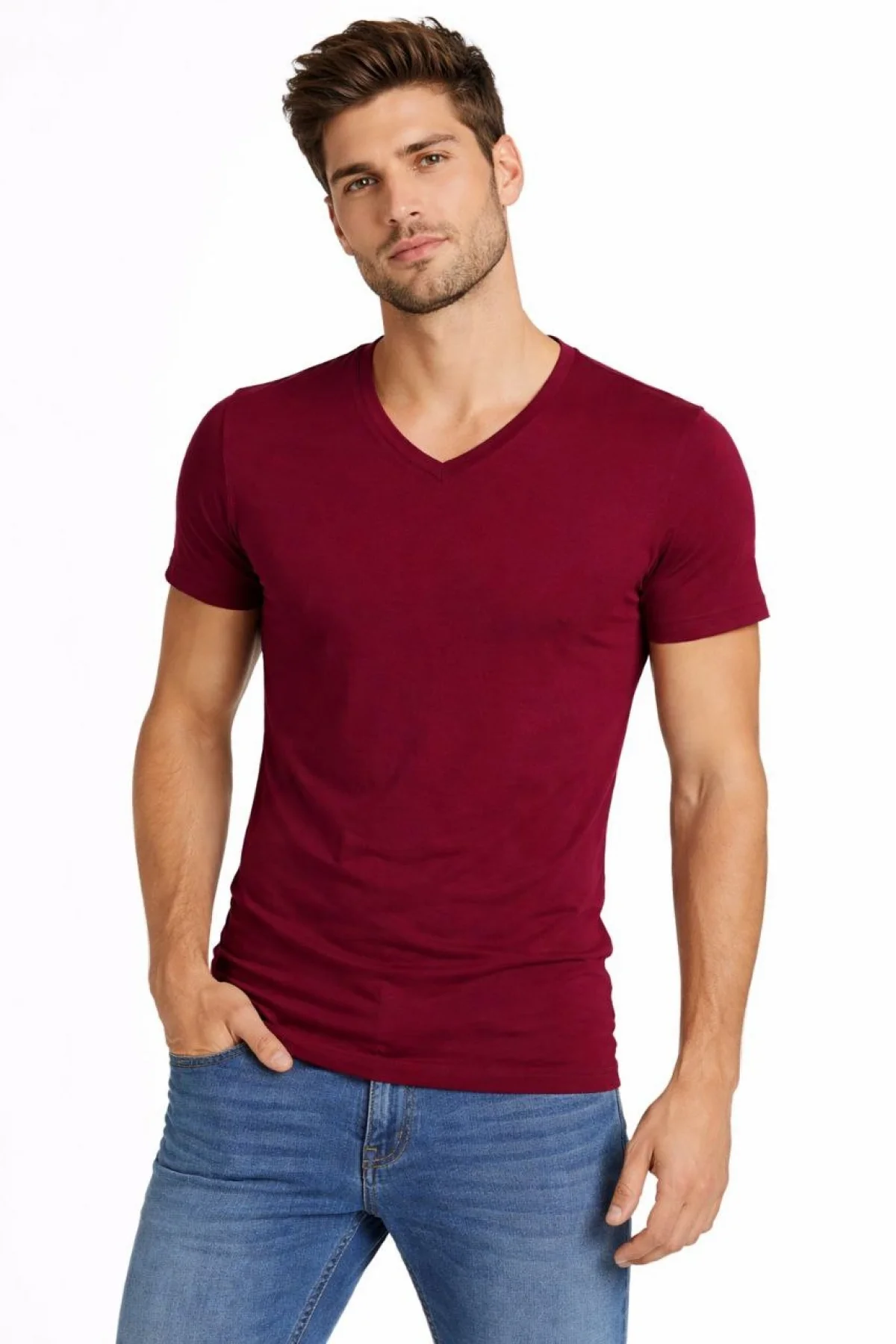Erkek V Yaka Slim Fit dar kesim Likralı Tişört - Bordo