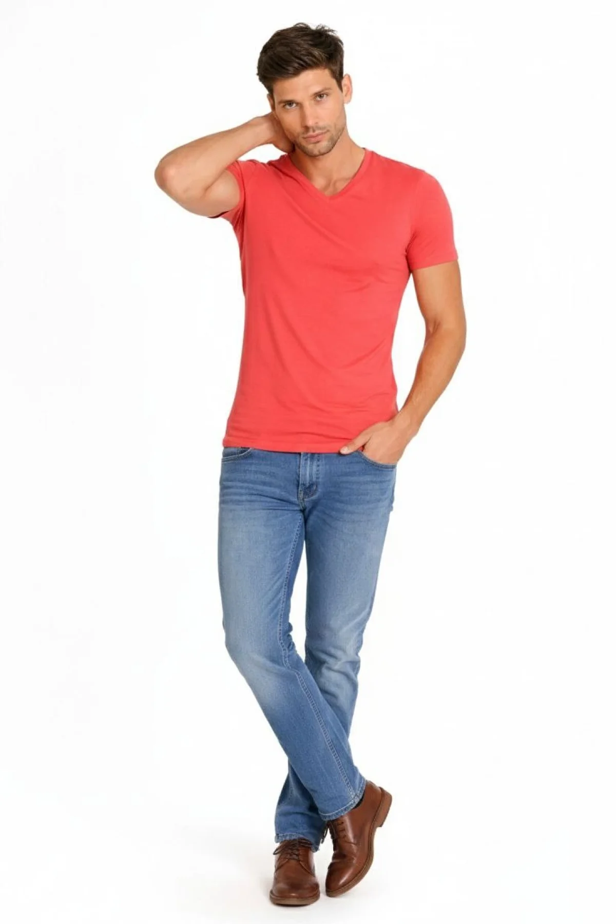 Erkek V Yaka Slim Fit dar kesim Likralı Tişört - Nar Çiçeği