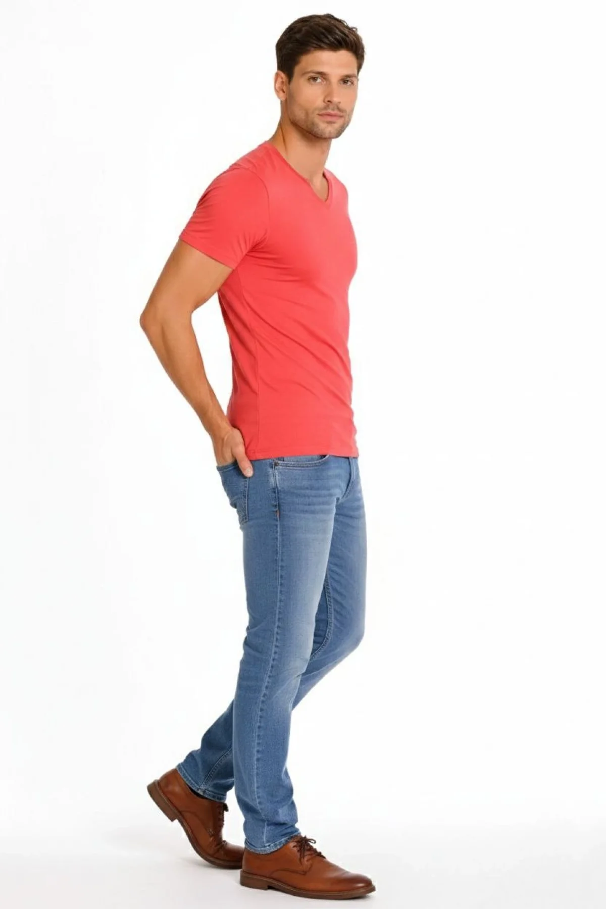 Erkek V Yaka Slim Fit dar kesim Likralı Tişört - Nar Çiçeği