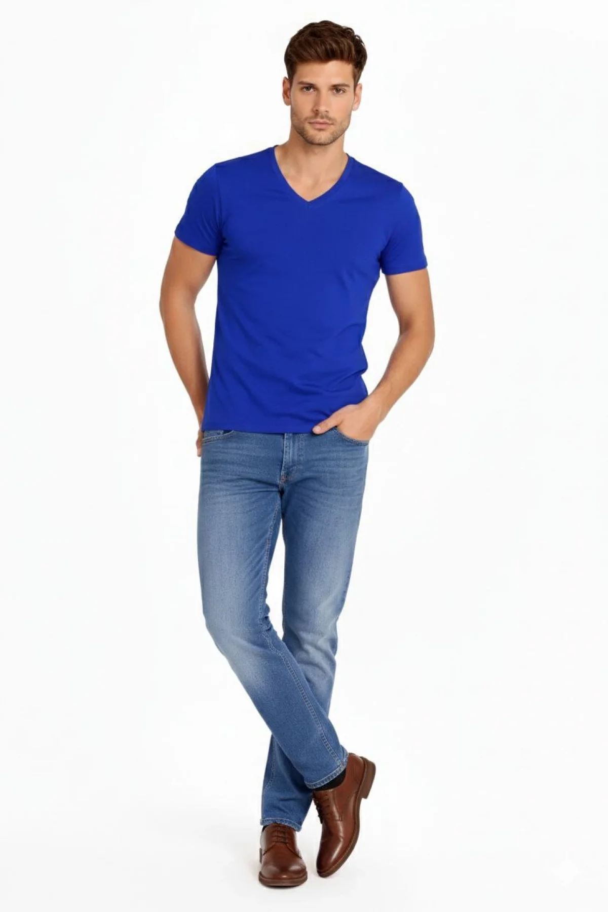 Erkek V Yaka Slim Fit dar kesim Likralı Tişört - Saks Mavisi