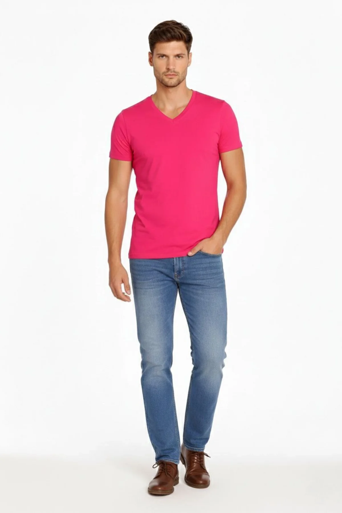 Erkek V Yaka Slim Fit dar kesim Likralı Tişört - Pembe