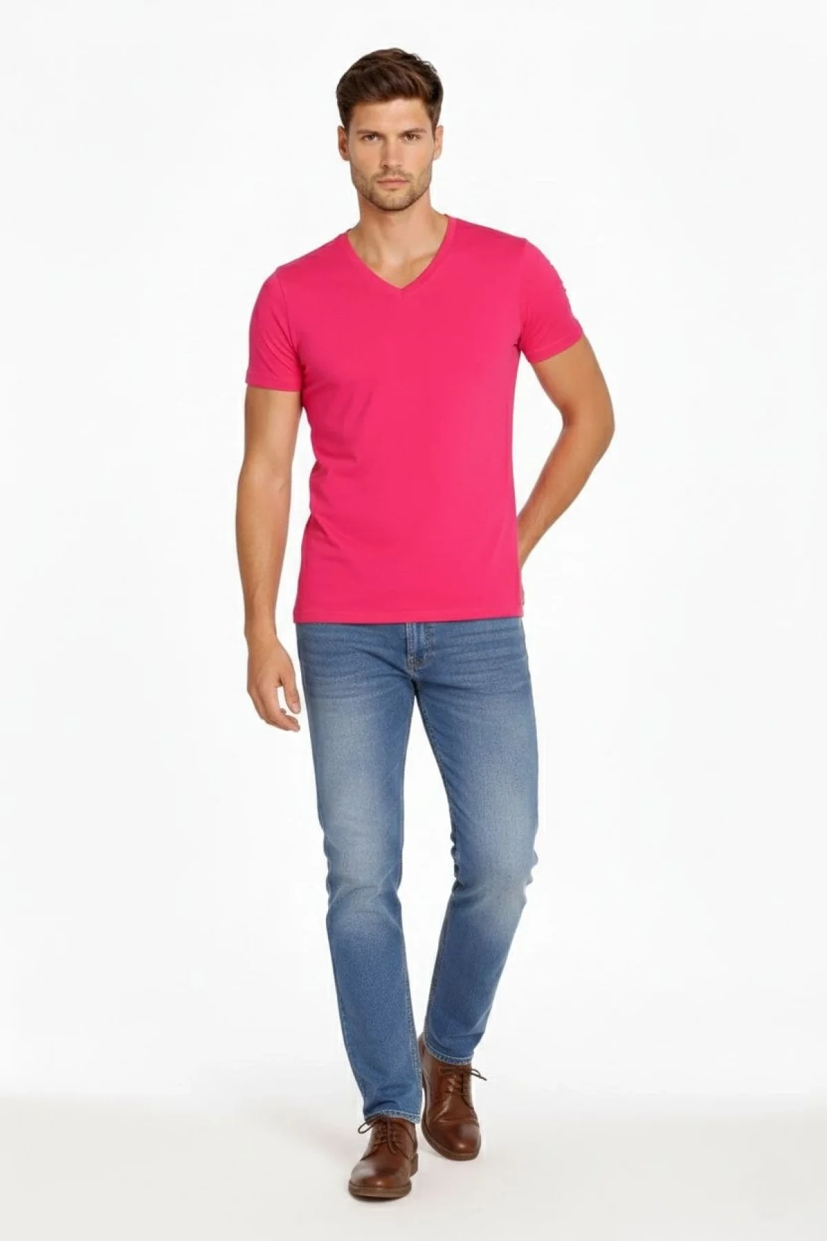 Erkek V Yaka Slim Fit dar kesim Likralı Tişört - Pembe