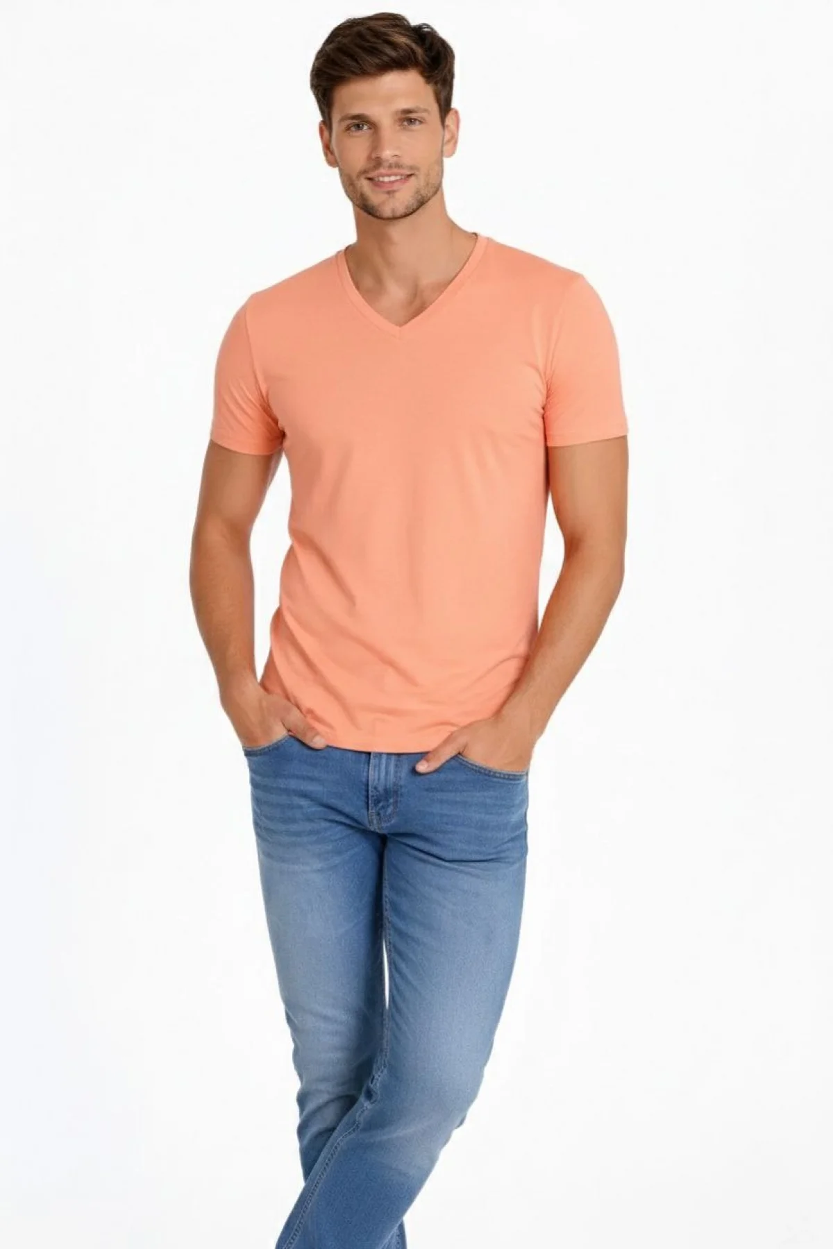Erkek V Yaka Slim Fit dar kesim Likralı Tişört - Toz Pembe