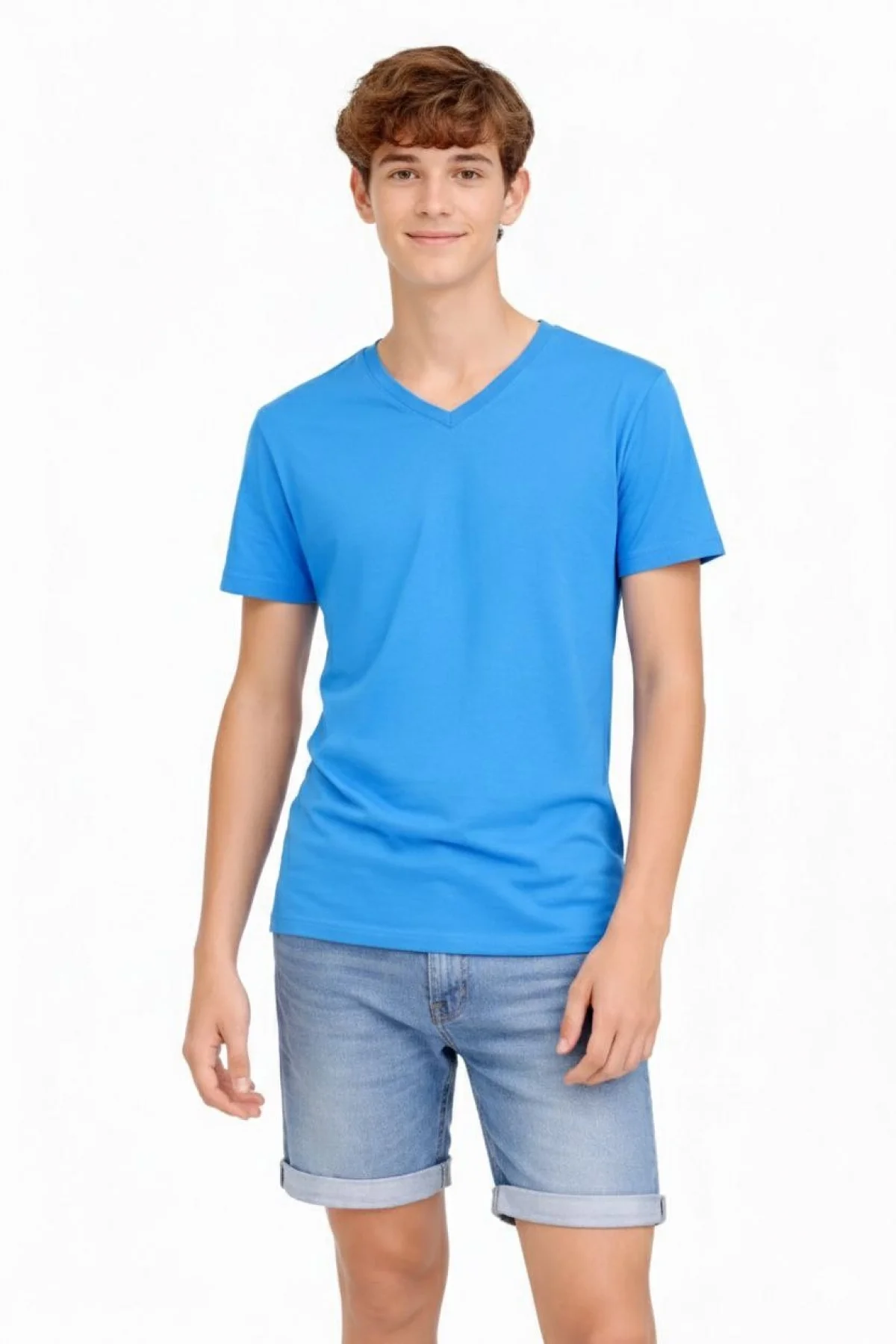 Genç Erkek Çocuk V Yaka Tişört Model - Açık Mavi