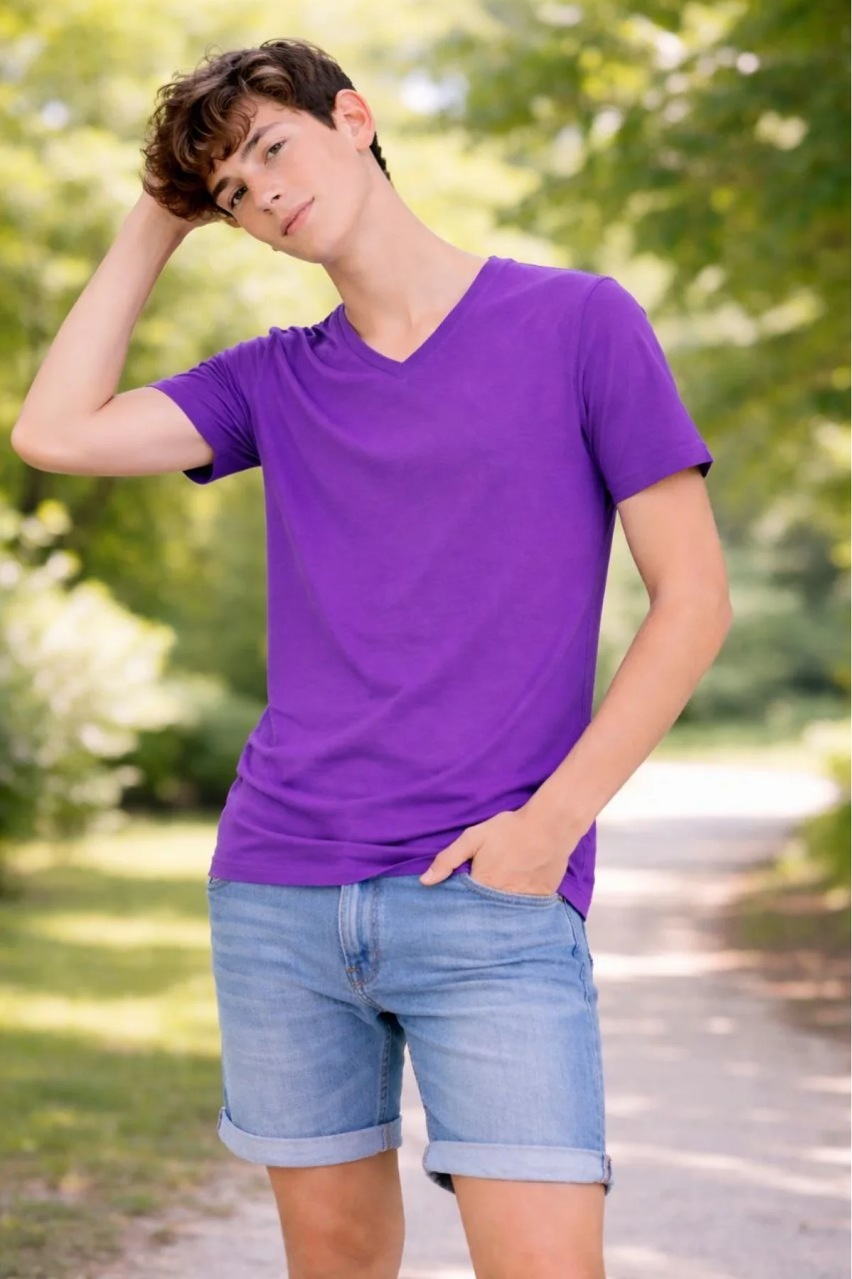 Genç Erkek Çocuk V Yaka Tişört Model - Mor
