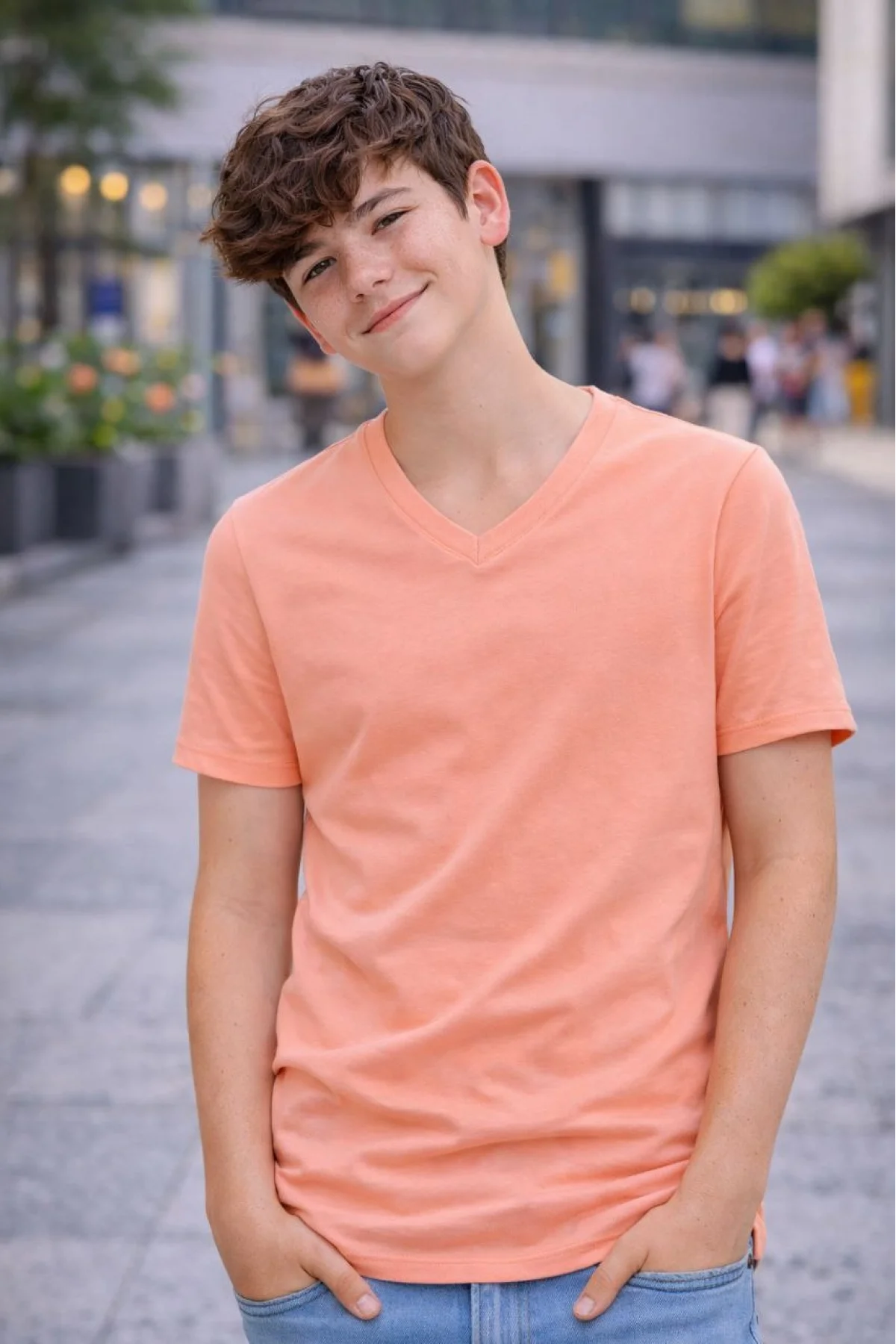 Genç Erkek Çocuk V Yaka Tişört Model - Toz Pembe